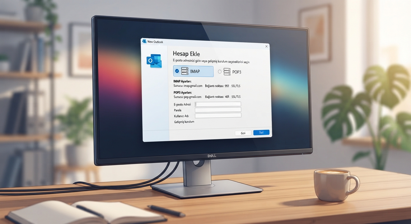 Modern bir ofis ortamında, yüksek çözünürlüklü bir monitör ekranında "Yeni Outlook" uygulamasının "Hesap Ekle" (Add Account) penceresi açık. Ekranda IMAP ve POP3 seçenekleri, port numaraları (993 ve 465) belirgin bir şekilde görünüyor. Arka planda bulanık bir kahve fincanı ve not defteri var. Görsel, profesyonel bir "Outlook mail kurulumu" sürecini yansıtıyor.