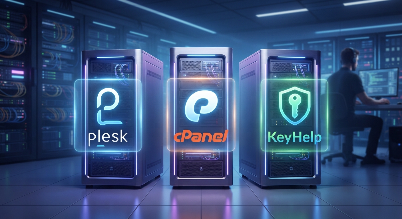 Modern bir veri merkezinde duran üç adet sunucu kasası, her birinin önünde sırasıyla cPanel, Plesk ve KeyHelp logolarının hologram olarak yansıtıldığı fütüristik bir görsel. Arka planda çalışan bir sistem yöneticisi silüeti.