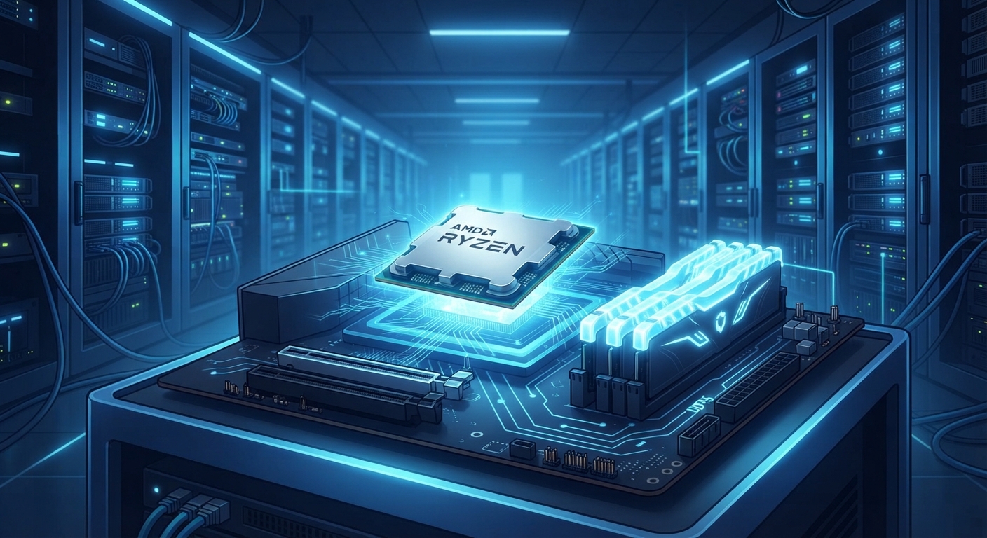 Modern bir veri merkezinde parlayan AMD Ryzen 9 işlemci ve DDR5 RAM modülleri, arka planda sunucu rafları, mavi neon aydınlatma, teknoloji odaklı atmosfer
