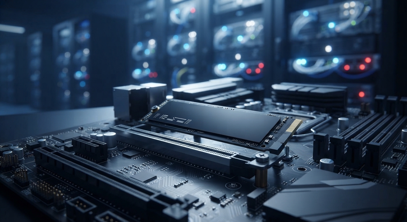 NVMe SSD nedir görseli: M.2 form faktöründe bir NVMe SSD'nin anakart üzerindeki PCIe slotuna takılı olduğu yakın çekim bir fotoğraf. Arka planda sunucu rafları ve yanan LED ışıkları görünüyor. Teknoloji odaklı, mavi ve siyah tonlarda profesyonel bir kompozisyon.