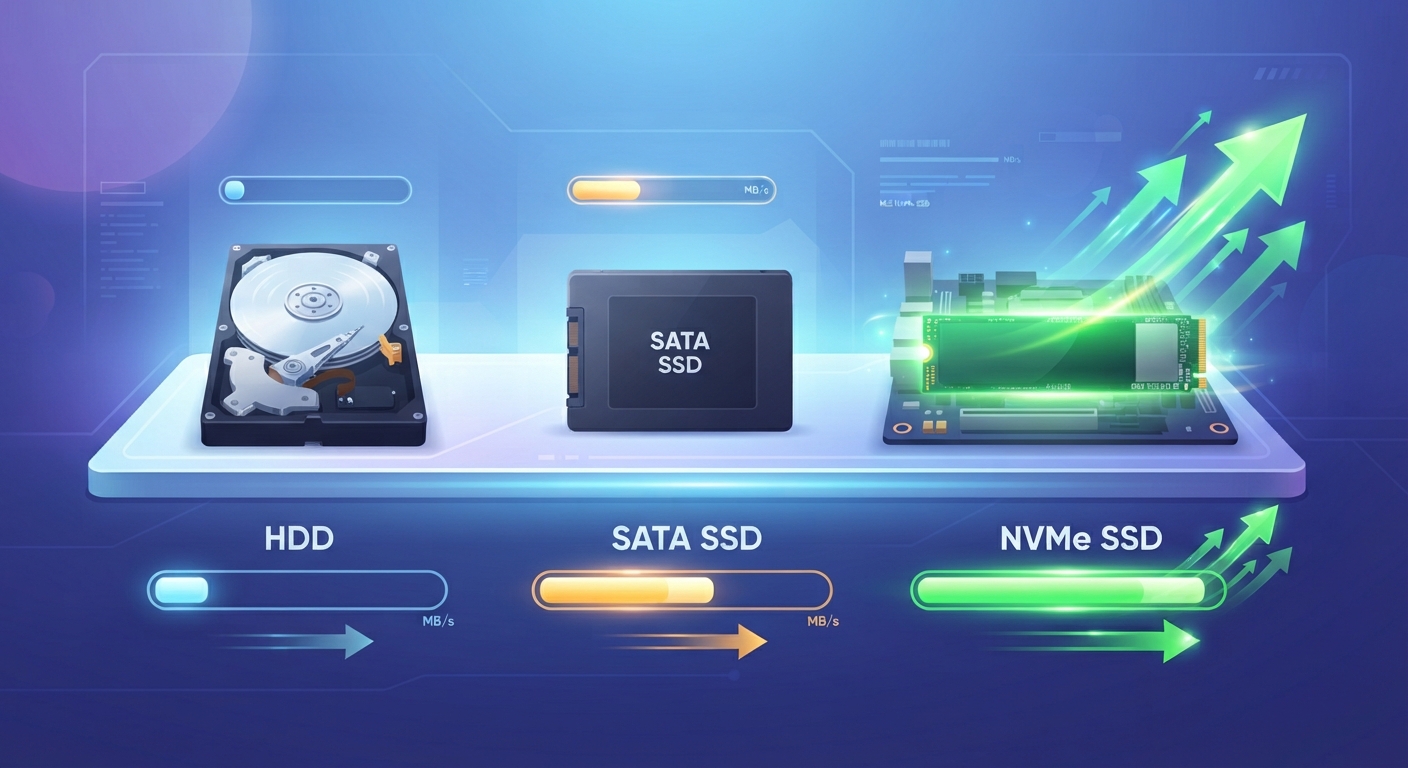 NVMe SSD nedir infografik görseli: SATA SSD, HDD ve NVMe SSD arasındaki hız karşılaştırmasını gösteren görsel bir infografik. Üç depolama birimi yan yana, altlarında MB/s cinsinden okuma/yazma hızları yazıyor. NVMe bariz şekilde önde, renkli oklarla hız avantajı vurgulanmış.