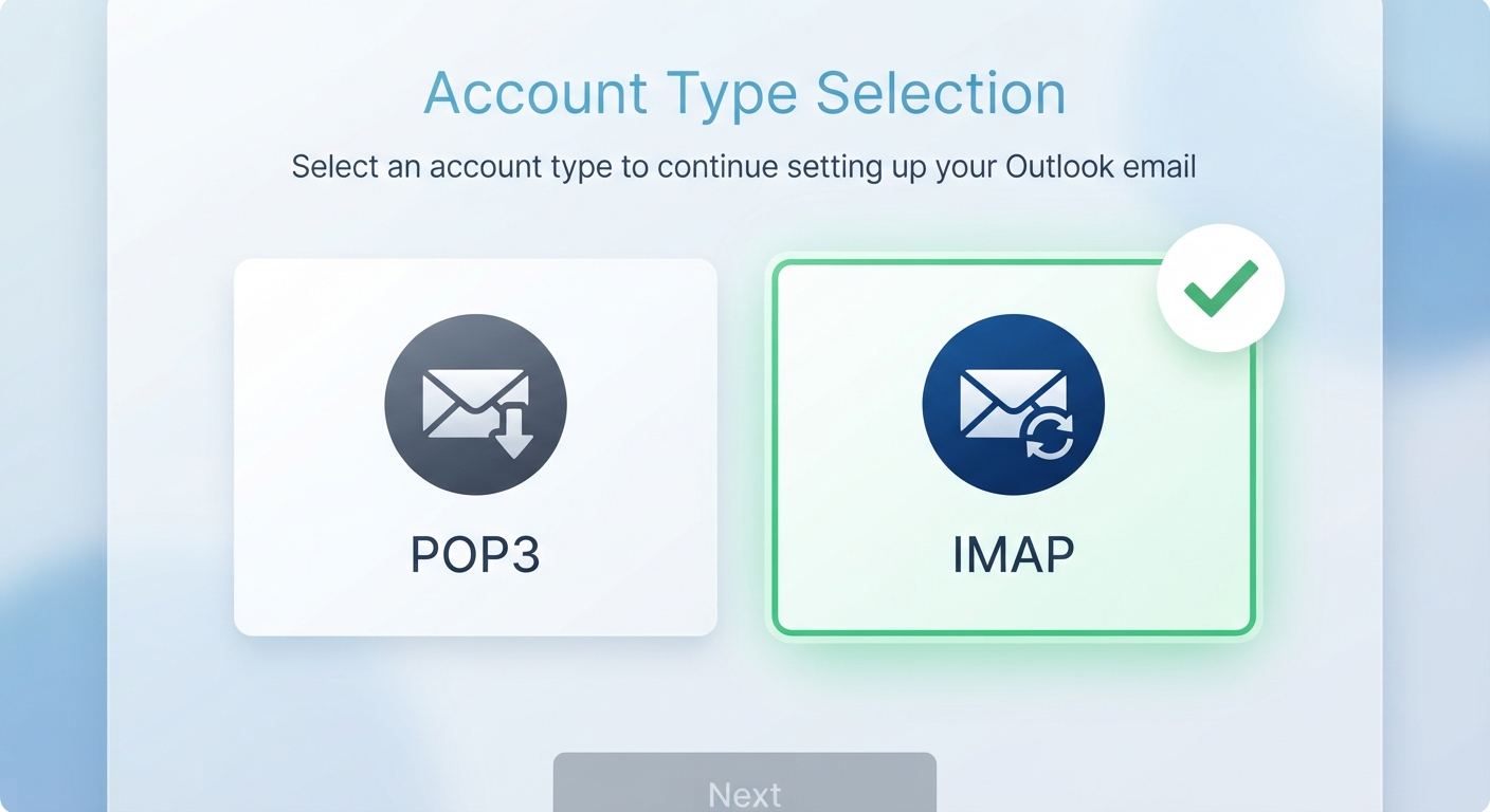Outlook hesap türü seçimi ekranı. IMAP ve POP simgelerinin yan yana durduğu, IMAP simgesinin üzerinde yeşil bir onay işareti (check mark) bulunan, kullanıcıya doğru seçeneği gösteren eğitici bir illüstrasyon.