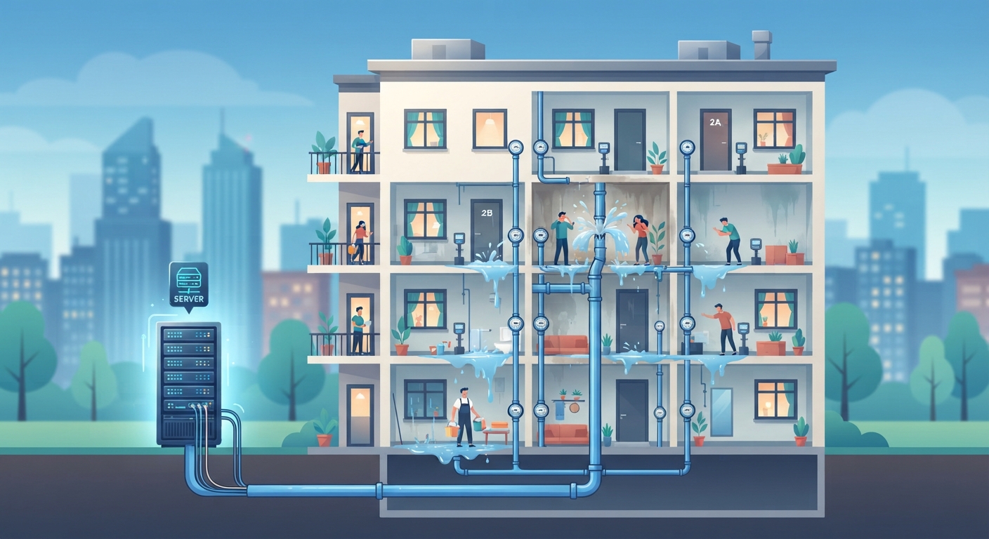 Paylaşımlı hosting altyapısını bir apartmanda ortak tesisat borularıyla gösteren, komşu etkisini anlatan bir illüstrasyon. Bozuk bir su borusu tüm daireleri etkiliyor. Sunucu rafı simgesi apartmanın dışında duruyor.