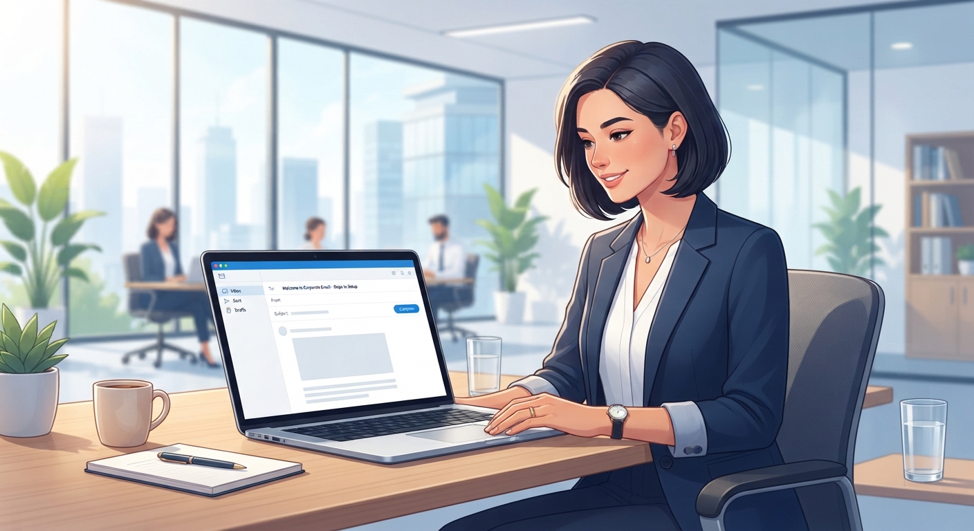 Profesyonel bir ofis ortamında, dizüstü bilgisayarında çalışan ve ekranda kurumsal e-posta açma adımlarını gösteren modern bir arayüz bulunan bir iş insanı. Yüksek kaliteli, aydınlık ve kurumsal bir atmosfer.