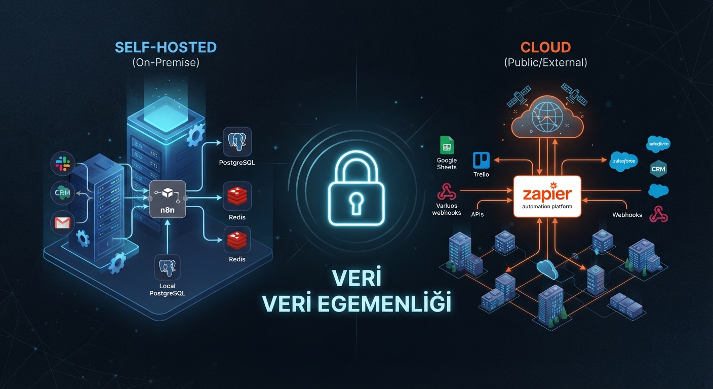 Self-hosted vs cloud otomasyon mimarisini gösteren teknik bir diyagram. Sol tarafta n8n'in kendi sunucusunda çalışan yapısı, veritabanı ve API bağlantılarıyla birlikte. Sağ tarafta Zapier/Make'in bulut tabanlı yapısı, dış veri merkezleriyle. Ortada bir kilit ikonu ve "Veri Egemenliği" yazısı. Koyu arka plan, neon vurgular. Teknik ve profesyonel tasarım.