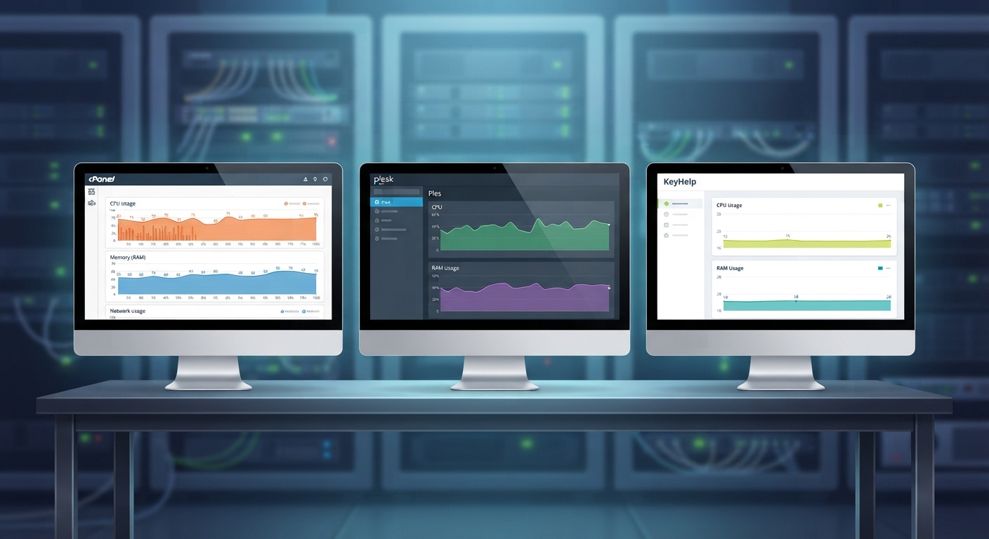 Sunucu odasında yan yana duran üç monitör ekranı. Her birinde sırasıyla cPanel, Plesk ve KeyHelp'in sistem kaynak grafikleri canlı olarak görüntüleniyor. KeyHelp'in CPU ve RAM grafikleri belirgin şekilde daha düşük seviyede.