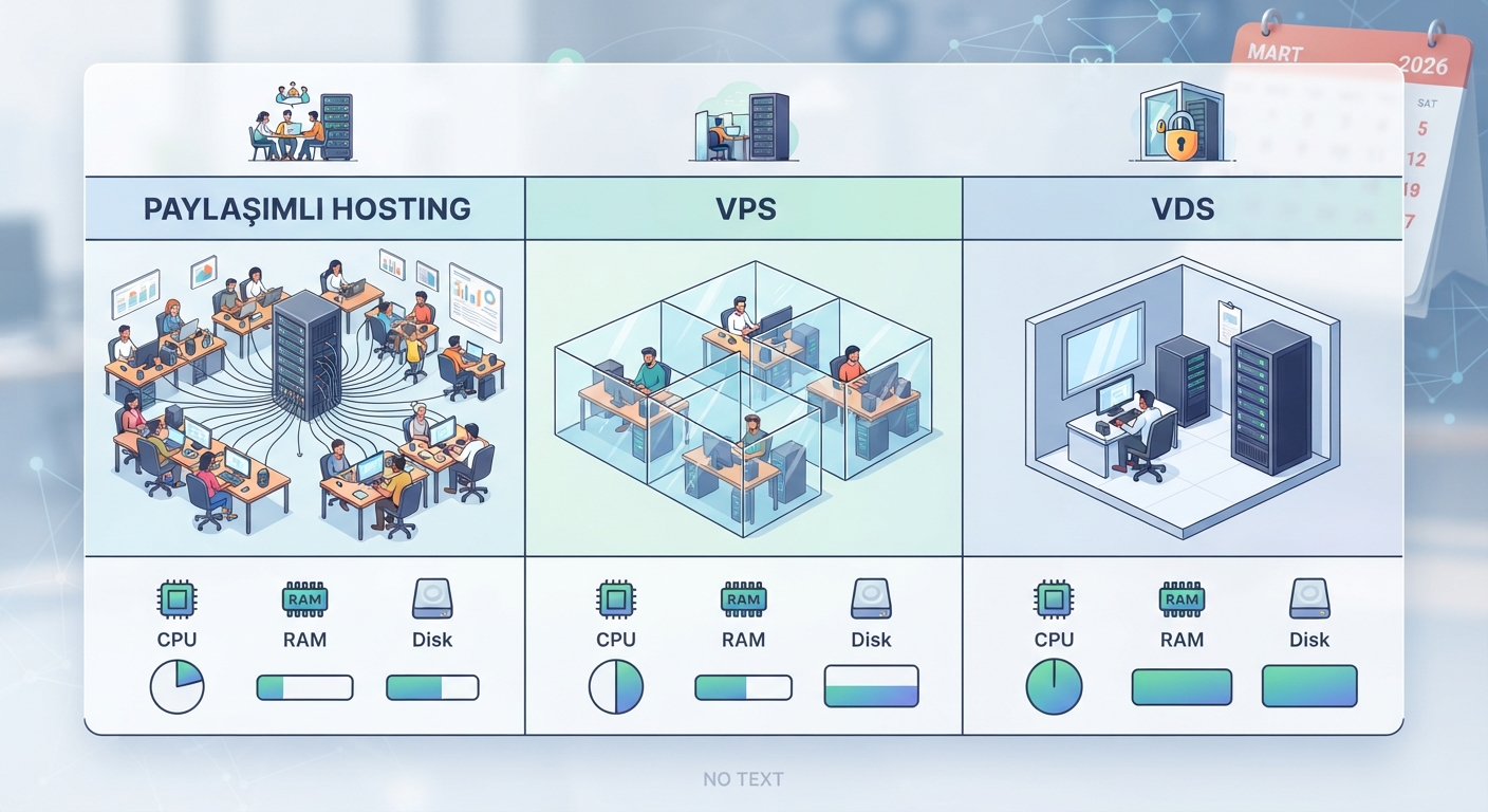 Üç farklı sunucu tipini karşılaştıran bir tablo grafik: Paylaşımlı Hosting (kalabalık bir ofis), VPS (özel bölmeli çalışma alanları), VDS (kilitli özel oda). Her birinin altında CPU, RAM, Disk simgeleri ile kaynak dağılımı gösteriliyor. Arka planda 2026 takvim yaprağı.
