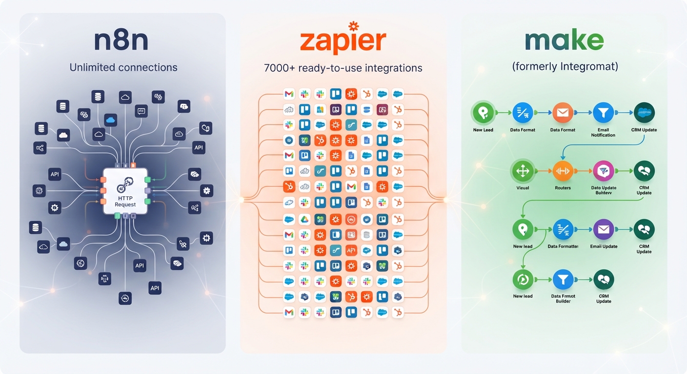 Üç otomasyon platformunun (n8n, Zapier, Make) entegrasyon ekosistemlerini karşılaştıran modern bir infografik. Sol tarafta n8n'in "HTTP Request Node" ile sınırsız bağlantı imkanı, ortada Zapier'in 7000+ hazır entegrasyon simgeleri, sağda Make'in görsel senaryo tasarımcısı. Arka planda birbirine bağlanan uygulama ikonları. Renk paleti: lacivert, turuncu ve yeşil. Modern, kurumsal ama sade tasarım.
