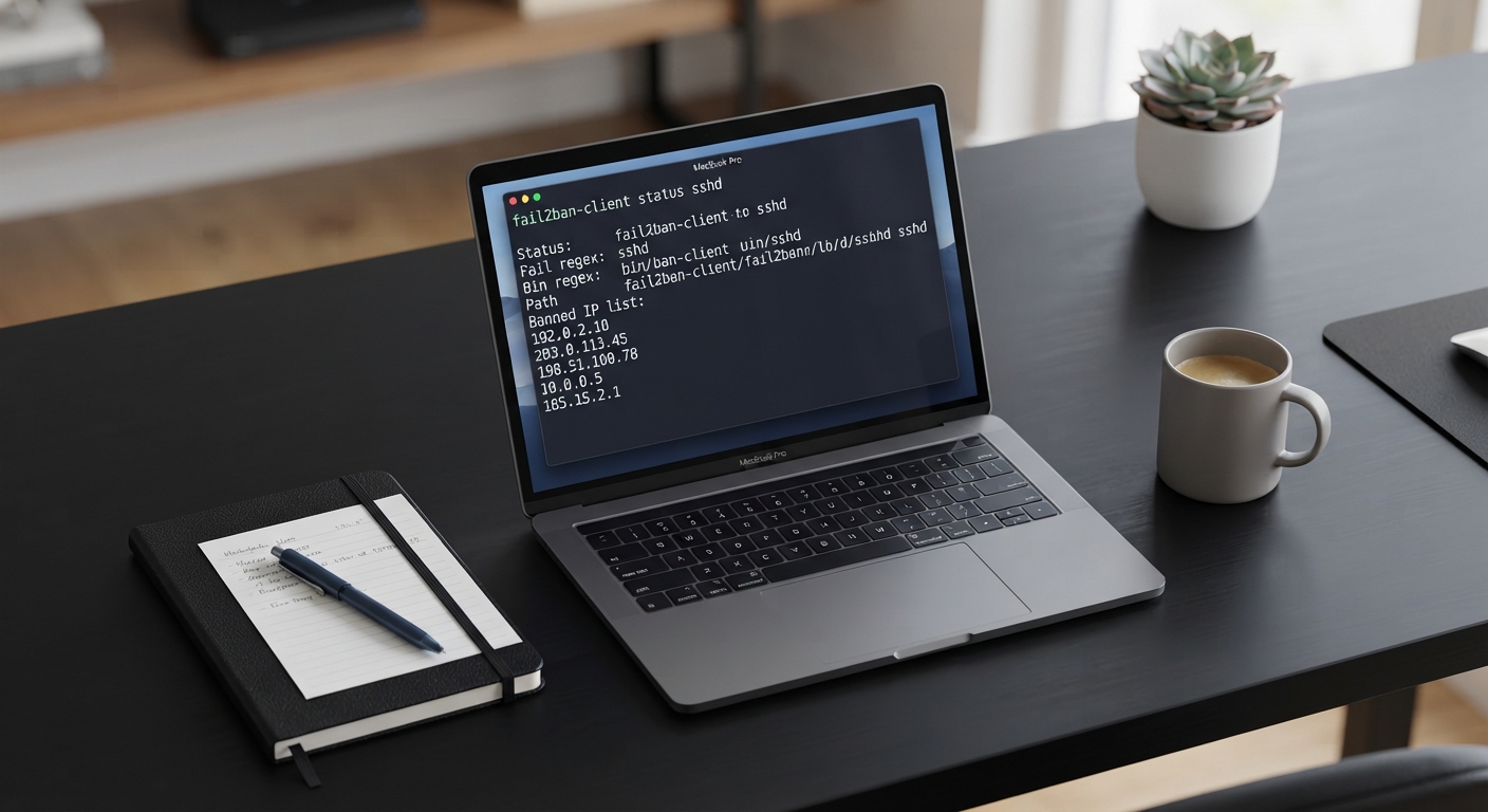 Üstten görünüm, siyah bir masa üzerinde bir defter, kalem ve açık bir dizüstü bilgisayar. Ekranda terminalde "fail2ban-client status sshd" komutunun çıktısı, birkaç IP adresinin "Banned" listesinde olduğu görünüyor. Yanında bir kahve fincanı var. Düzenli, minimalist bir çalışma ortamı.
