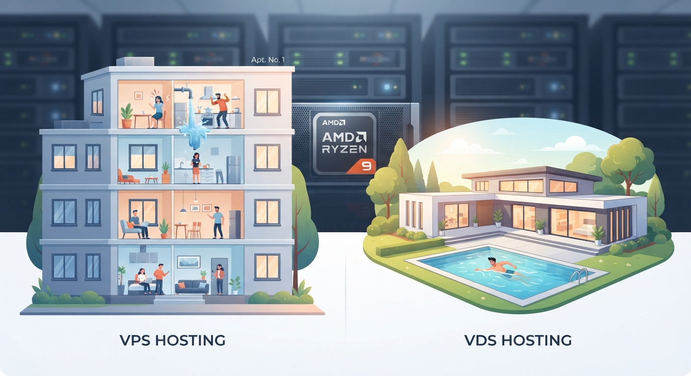 VPS ve VDS altyapılarını daire ve villa metaforuyla karşılaştıran, bir tarafında apartmanda su borusu patlayan komşu, diğer tarafında ise kendi bahçesinde yüzme havuzu olan modern bir villa gösteren infografik. Arka planda sunucu rafları ve AMD Ryzen 9 yazısı görünüyor.