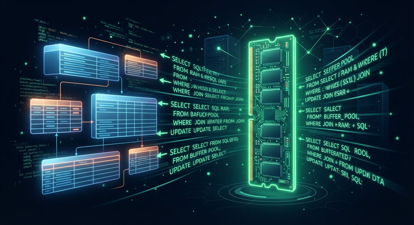 Veritabanı optimizasyonu konsepti, parlayan veri tabloları arasında uçan SQL sorguları, InnoDB Buffer Pool'u temsil eden büyük bir RAM modülü, karanlık arka planda neon yeşil kod parçacıkları