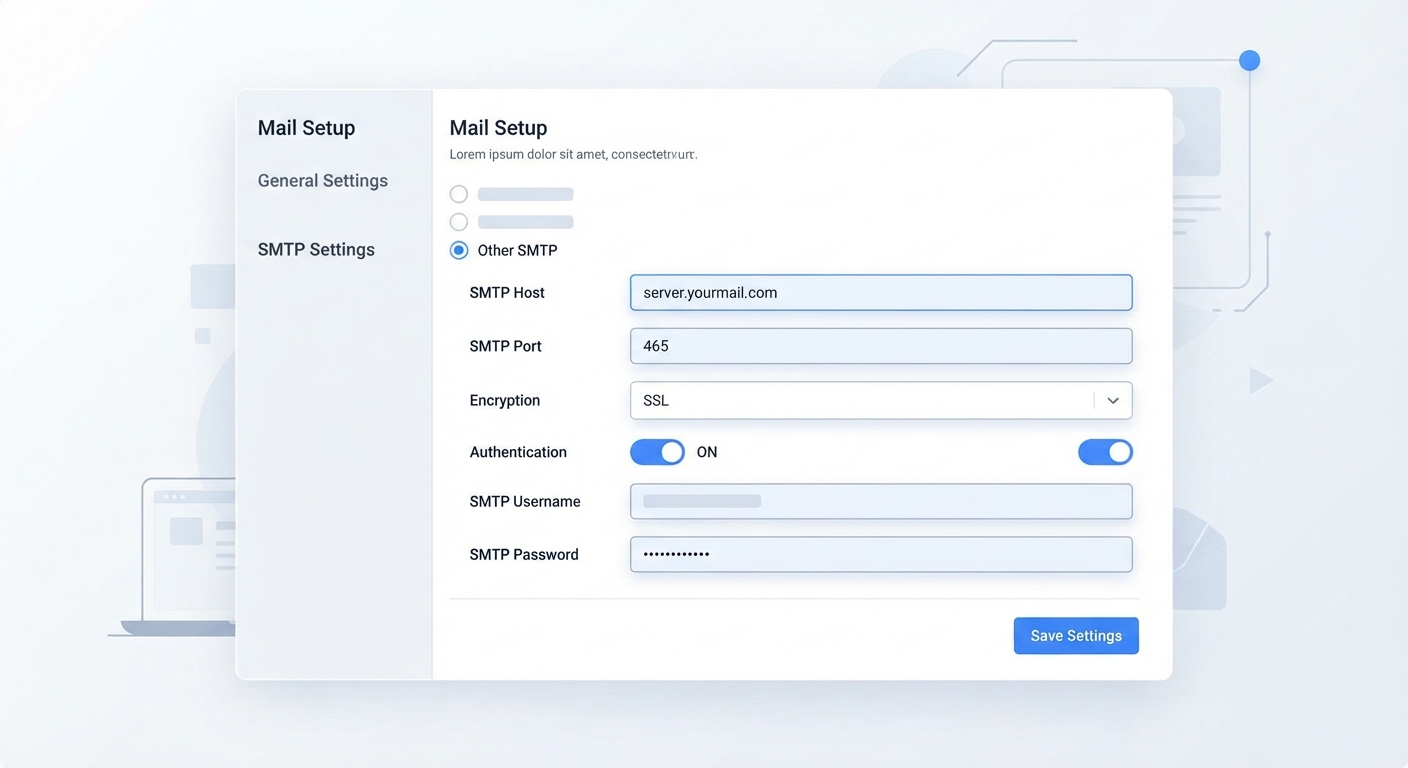 WP Mail SMTP eklentisinin ayarlar sayfasını gösteren bir arayüz tasarımı. 'Other SMTP' seçeneği işaretlenmiş, Host, Port (465), ve şifreleme (SSL) alanları doldurulmuş. Teknik ve temiz bir ekran görüntüsü.