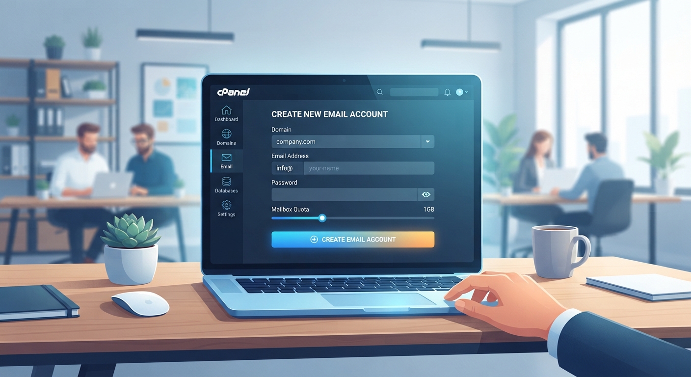 Web hosting kontrol paneli üzerinden (cPanel veya KeyHelp benzeri) kurumsal e-posta açma işlemini simgeleyen, ekranda 'Yeni E-Posta Hesabı Oluştur' butonu bulunan teknik ama anlaşılır bir illüstrasyon.