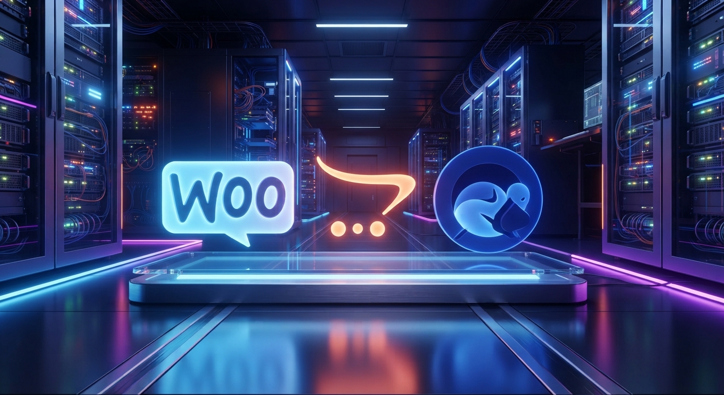WooCommerce, OpenCart ve PrestaShop logolarının modern, neon ışıklarla aydınlatılmış bir sunucu odasında yan yana durduğu, fütüristik ve teknolojik bir 3D illüstrasyon.