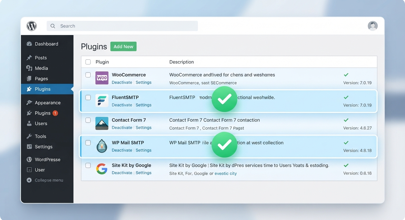WordPress panosunda yüklü eklentiler sayfasını gösteren bir ekran görüntüsü. WP Mail SMTP ve FluentSMTP eklentilerinin logoları net bir şekilde vurgulanmış, etrafında yeşil onay işaretleri olan modern bir tasarım.