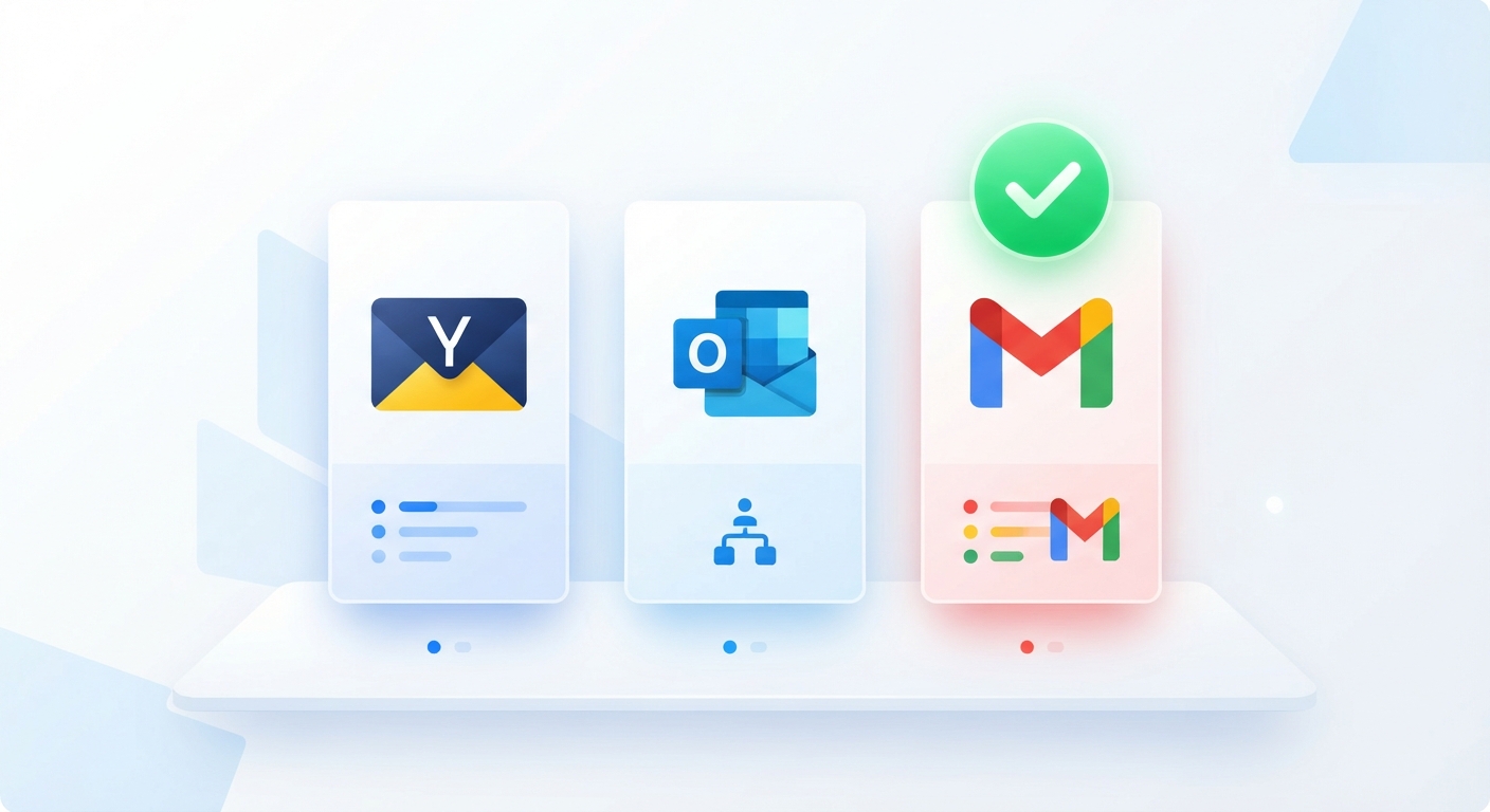 Yandex Mail, Microsoft Outlook ve Gmail logolarının karşılaştırıldığı, Gmail'in üzerinde yeşil bir onay işareti bulunan, modern ve minimalist bir infografik tasarımı. Renk paleti mavi, kırmızı ve beyaz ağırlıklı.