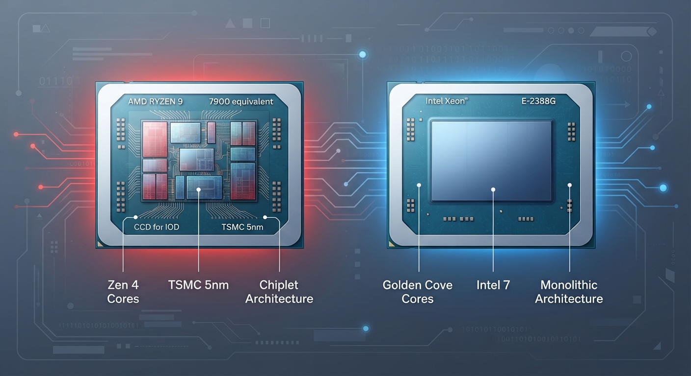 Yarı saydam bir teknik illüstrasyon: AMD Ryzen 9 7900 ve Intel Xeon E-2388G işlemci çiplerinin yan yana yerleştirildiği, altlarında mimari farklılıkları gösteren etiketlerin olduğu (Zen 4 vs Golden Cove, TSMC 5nm vs Intel 7, chiplet vs monolithic yazıları), mavi ve kırmızı renk temalı teknik bir görsel