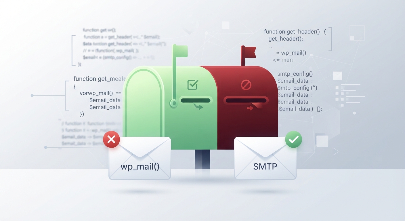 Yarısı açık yeşil (teslim edilmiş) diğer yarısı koyu kırmızı (spam) ile temsil edilen iki parçalı bir posta kutusu illüstrasyonu. Kutunun önünde, üzerinde "wp_mail()" yazan ve çarpı işareti olan bir zarf ile üzerinde "SMTP" yazan, onay işareti olan diğer bir zarf duruyor. Arka plan, teknik bir blog tarzında, hafif kod komutlarıyla süslenmiş.