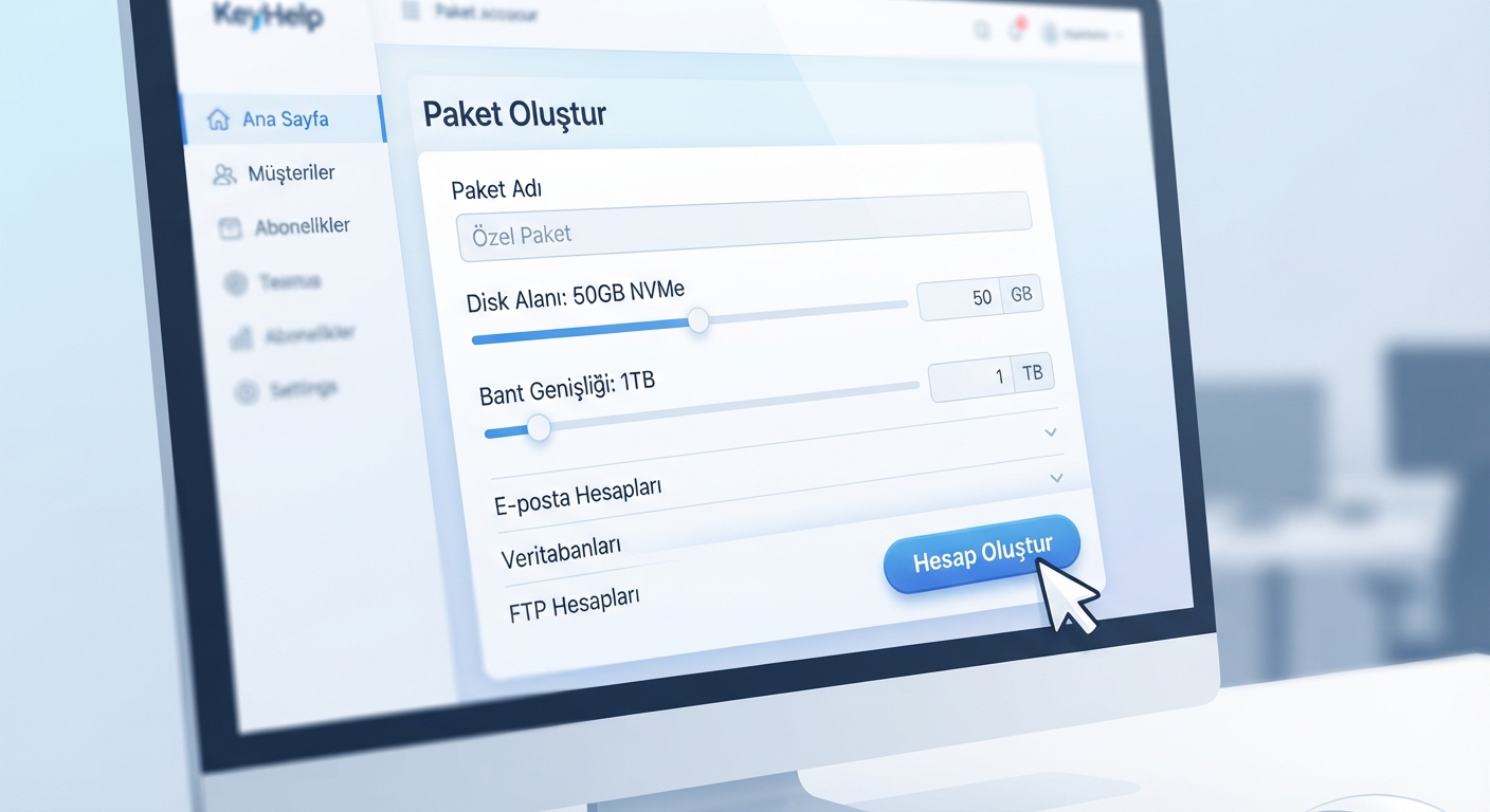 Bir kontrol paneli (KeyHelp) ekran görüntüsünün yakın çekimi. Ekranda "Paket Oluştur", "Disk Alanı: 50GB NVMe", "Bant Genişliği: 1TB" gibi seçenekler Türkçe olarak görünüyor. Fare imleci "Hesap Oluştur" butonunun üzerinde.