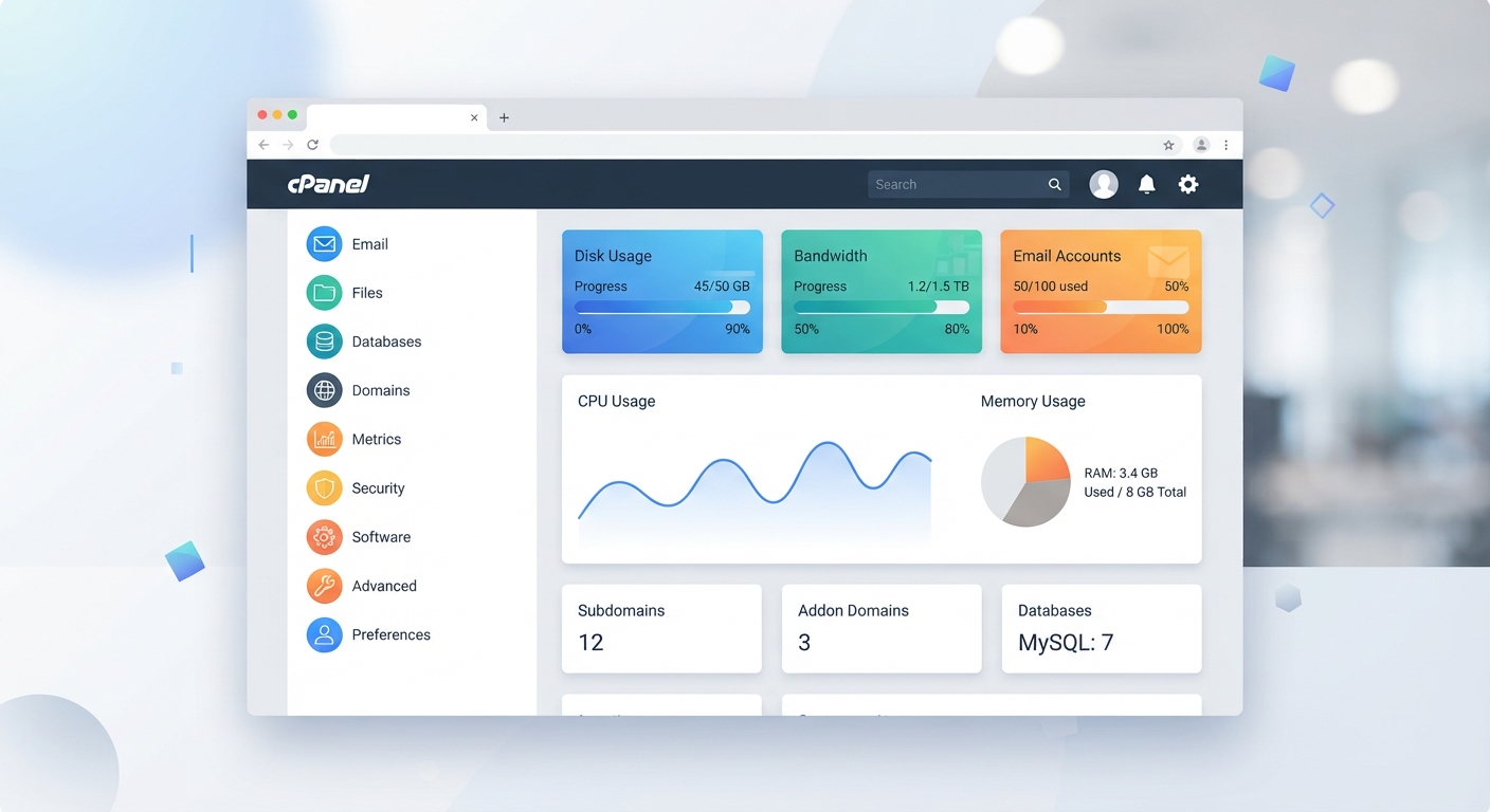 cPanel kontrol panelinin ana dashboard ekranının bir kesiti, sağ tarafta istatistikler sol tarafta menü öğeleri görünüyor. Modern ve temiz bir arayüz.