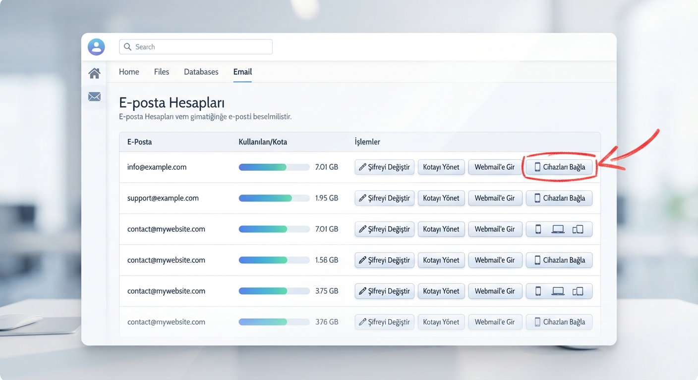 cPanel veya KeyHelp arayüzünde 'E-posta Hesapları' bölümünü gösteren, 'Connect Devices' (Cihazları Bağla) butonunun kırmızı bir ok ile vurgulandığı net bir ekran görüntüsü tasarımı.
