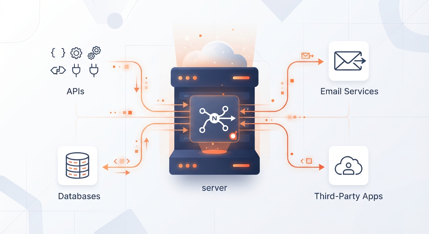 n8n nedir kavramını açıklayan, bir sunucu üzerinde çalışan n8n motorunun API'ler, veritabanları ve email servisleriyle bağlantısını gösteren infografik tarzı bir görsel. Renk paleti: lacivert, turuncu ve beyaz.