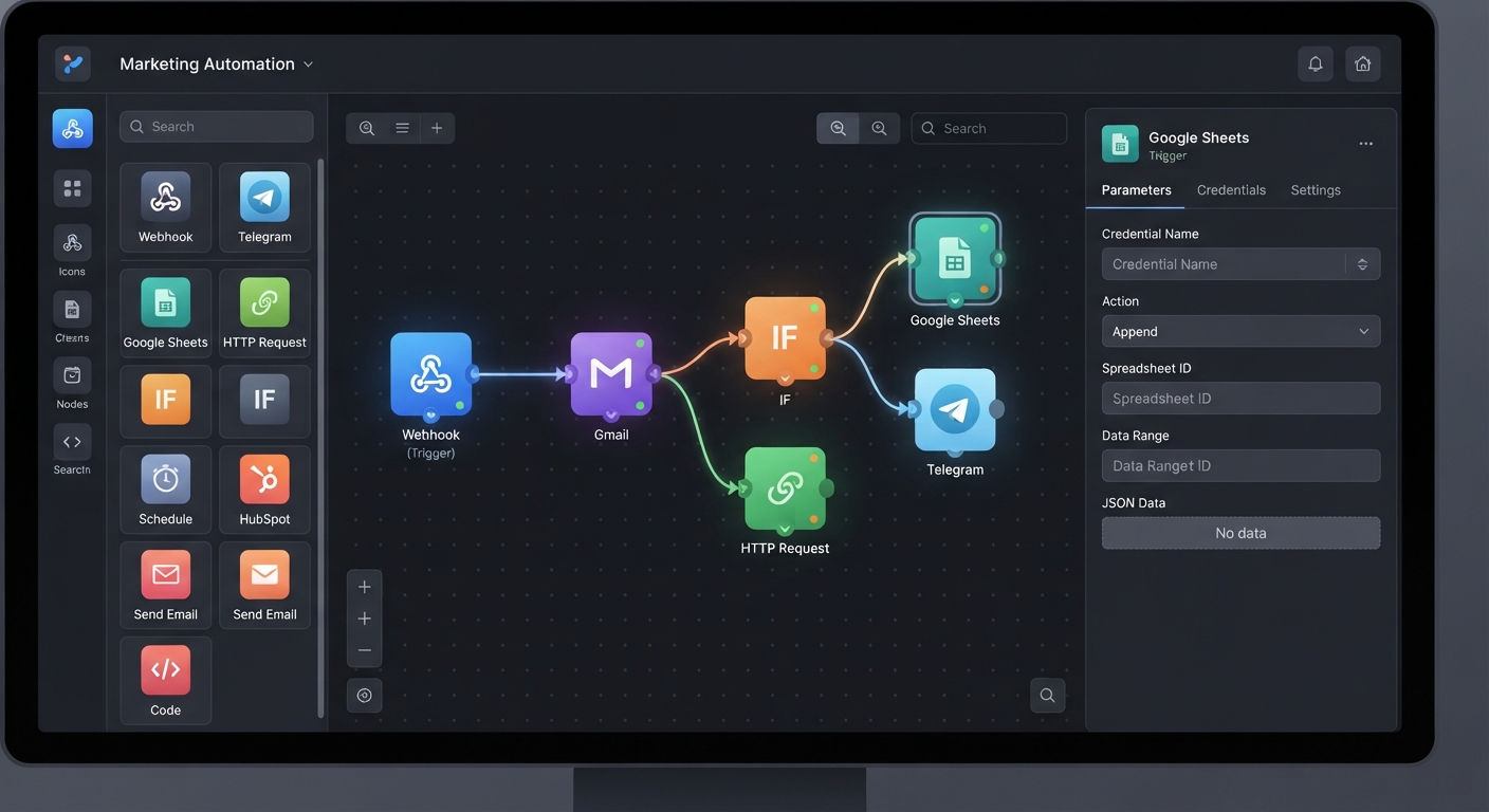 n8n'in görsel workflow editor arayüzünü gösteren, birbirine bağlı renkli düğümler içeren, ekranın sol tarafında node listesi, ortada akış şeması, sağda ise yapılandırma paneli olan profesyonel bir ekran görüntüsü. Arka planda koyu tema (dark mode) kullanılmış.