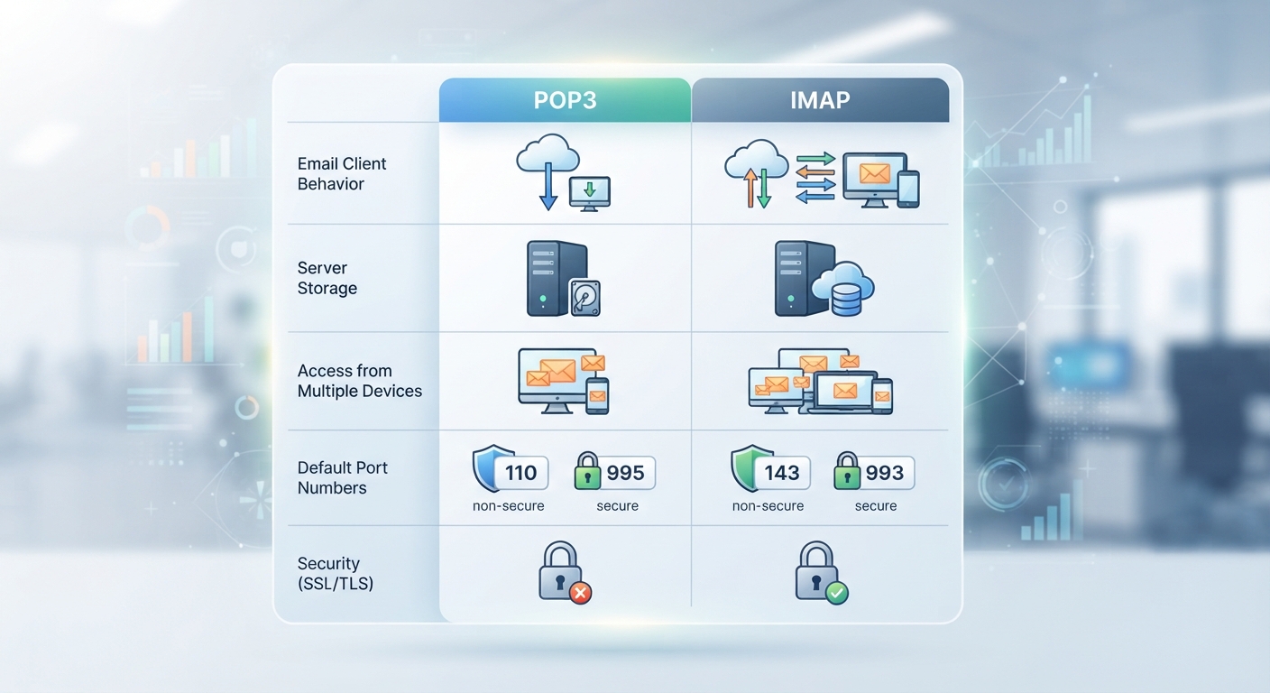 A detailed, professional screenshot-style comparison table highlighting the key differences between POP3 and IMAP, focusing on port numbers (110, 995, 143, 993), SSL/TLS encryption status, default behaviors (download vs. sync), and server storage usage. The design should be clean and corporate, suitable for a technical blog.