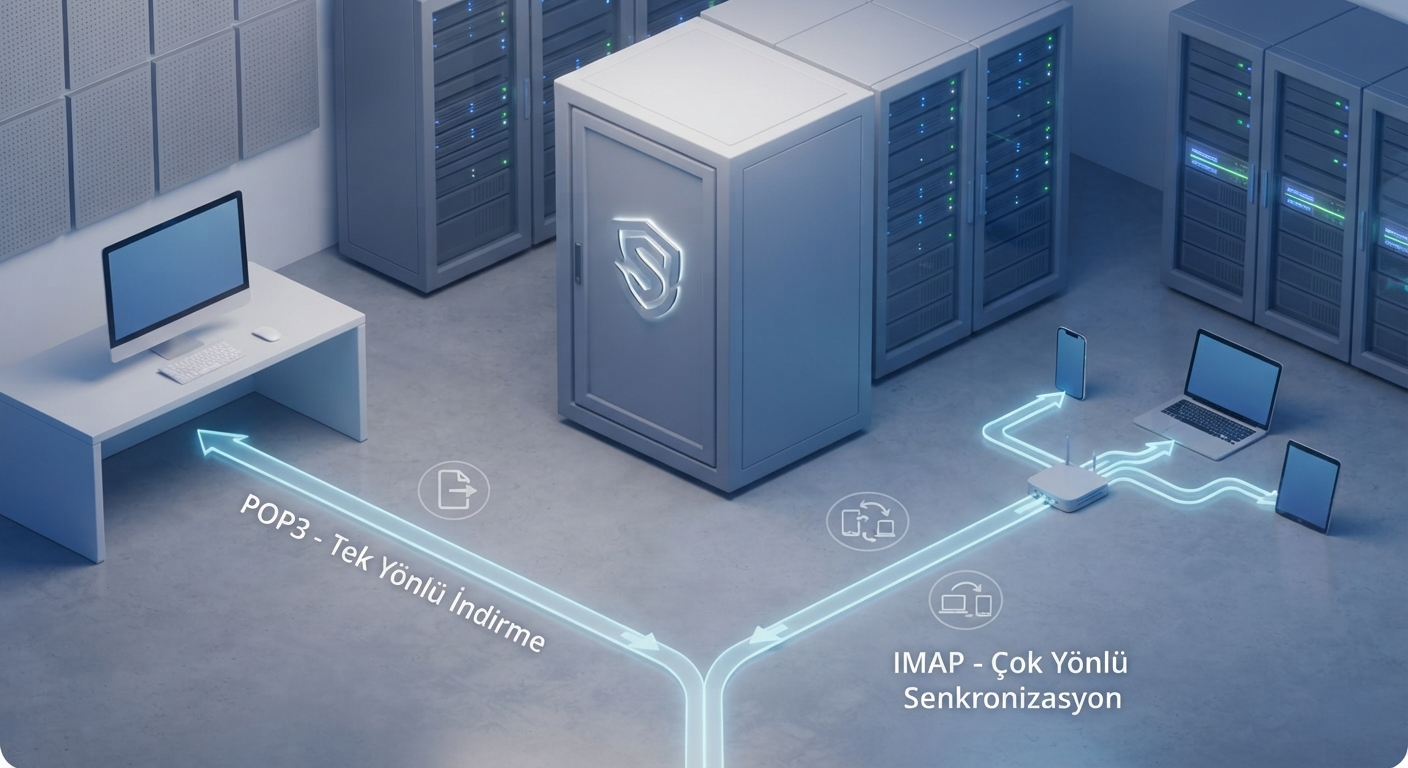 A minimalist 3D illustration of a corporate email server room. In the foreground, two pathways diverge. One path leads to a single desktop computer, labeled "POP3 - Tek Yönlü İndirme". The other path leads to a hub connecting multiple devices (phone, laptop, tablet), labeled "IMAP - Çok Yönlü Senkronizasyon". The server door has the Saviorhost logo subtly engraved on it.