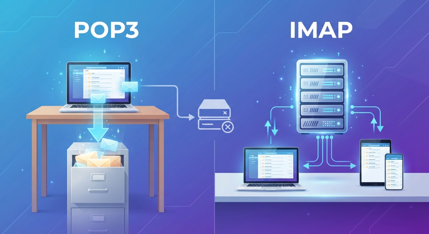 A visually striking split-screen infographic. The left side represents POP3 with a single laptop downloading emails into a physical filing cabinet, symbolizing local storage and deletion from the server. The right side represents IMAP with a server rack at the center, connected wirelessly and in perfect sync to a laptop, a tablet, and a smartphone, symbolizing constant cloud synchronization. The background is a modern gradient of blue and purple.