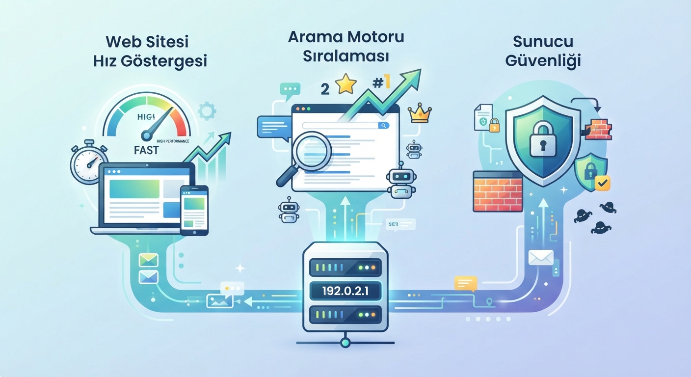 Arama motoru sıralaması, web sitesi hız göstergesi ve sunucu güvenliği temalı, "statik ip ne işe yarar hosting" anahtar kelimesini odak noktasına alan SEO infografik görseli.