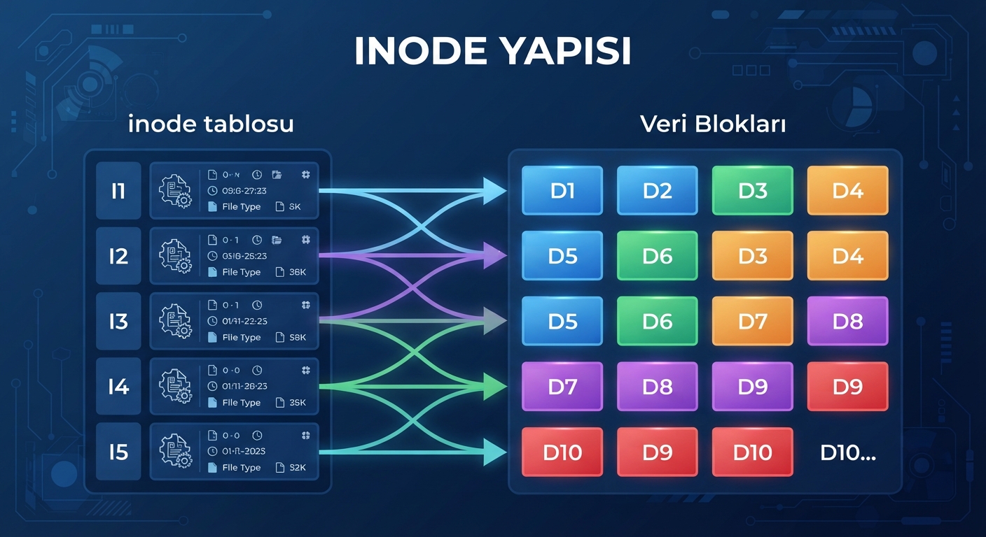 Bir Linux dosya sistemi şeması. Sol tarafta 'inode tablosu' başlığı altında numaralandırılmış hücreler, her hücreden dosya bloklarına oklar çıkıyor. Sağ tarafta 'Veri Blokları' başlığı altında renkli dikdörtgenler. Arka planda koyu mavi tonlarda, modern ve teknik bir infografik. En üstte büyük harflerle 'INODE YAPISI' yazıyor.