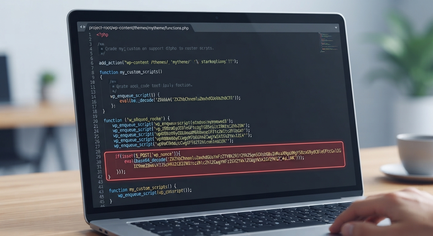 Bir kod editörü ekran görüntüsü. functions.php dosyası açık, içinde base64_decode ile başlayan ve uzun bir şifreli metin içeren kırmızı renkle vurgulanmış şüpheli bir kod bloğu görünüyor.