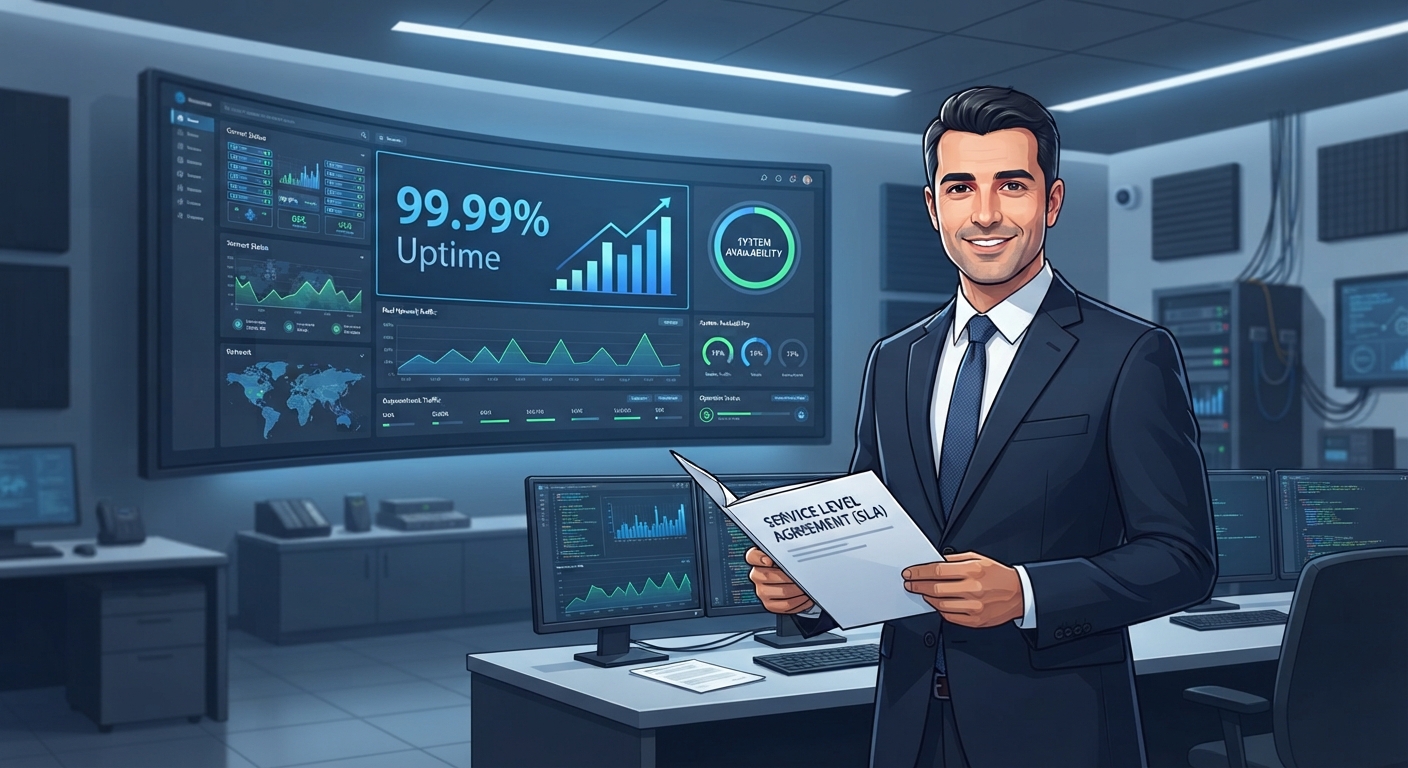 Bir kontrol odasında, duvarda büyük bir ekranda "99.99% Uptime" yazısı ve altında gerçek zamanlı sunucu durum grafikleri gösteriliyor. Ön planda bir iş adamı elinde SLA sözleşmesi tutuyor, gülümseyerek kameraya bakıyor. Mavi ve koyu gri renkler hakim, profesyonel bir kurumsal atmosfer.