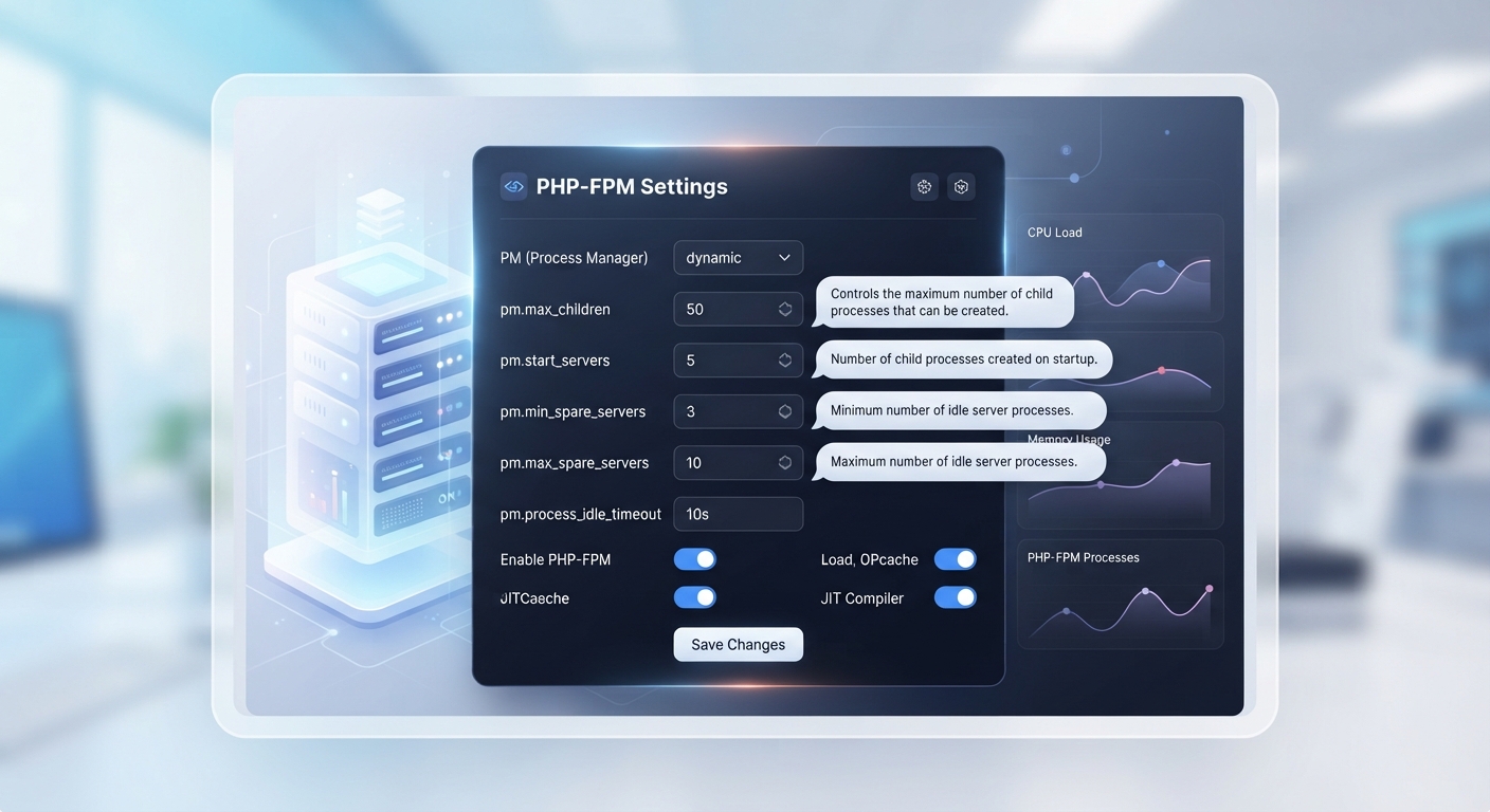 Bir sunucu kontrol panelinde (KeyHelp) PHP-FPM ayarlarının yapılandırıldığı ekran. Ekranda pm.max_children, pm.start_servers gibi değerlerin girildiği alanlar, yanlarında açıklama baloncukları var. Arka planda sunucu metriklerini gösteren canlı grafikler. Modern, temiz bir arayüz.