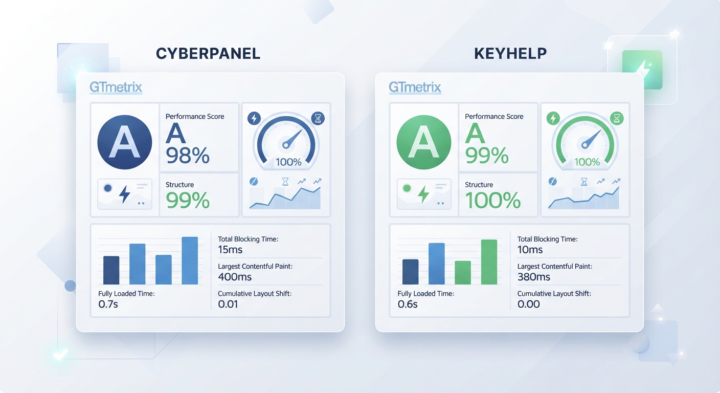 Bir web sitesinin GTmetrix performans raporunun CyberPanel ve KeyHelp başlıkları altında karşılaştırmalı olarak gösterildiği teknik bir görsel. A+ notu ve 0 performans skorları vurgulansın.
