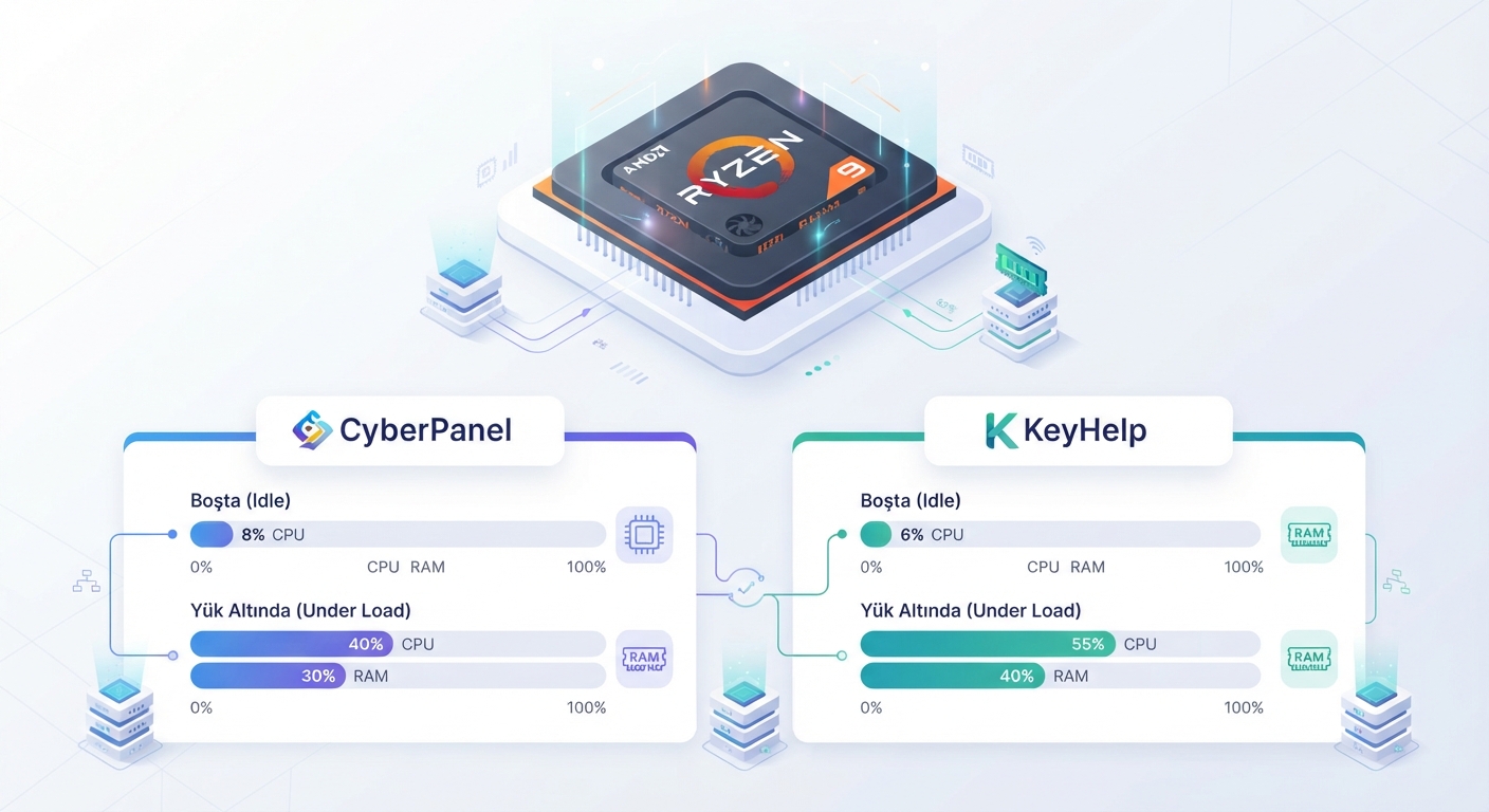 CyberPanel vs KeyHelp karşılaştırmasında RAM ve CPU kullanımını gösteren bir infografik. Üst kısımda AMD Ryzen 9 işlemci görseli, alt kısımda her iki panelin boşta ve yük altında tükettiği kaynakları gösteren yatay bar grafikler olsun.