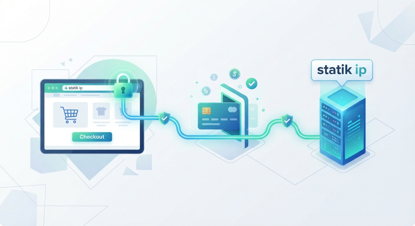 E-ticaret web sitesi, kredi kartı ödeme ağ geçidi, SSL kilidi ve sabit IP adresini temsil eden güvenli bağlantı illüstrasyonu. Görselde "statik ip" etiketi ve sunucu simgesi bulunsun.