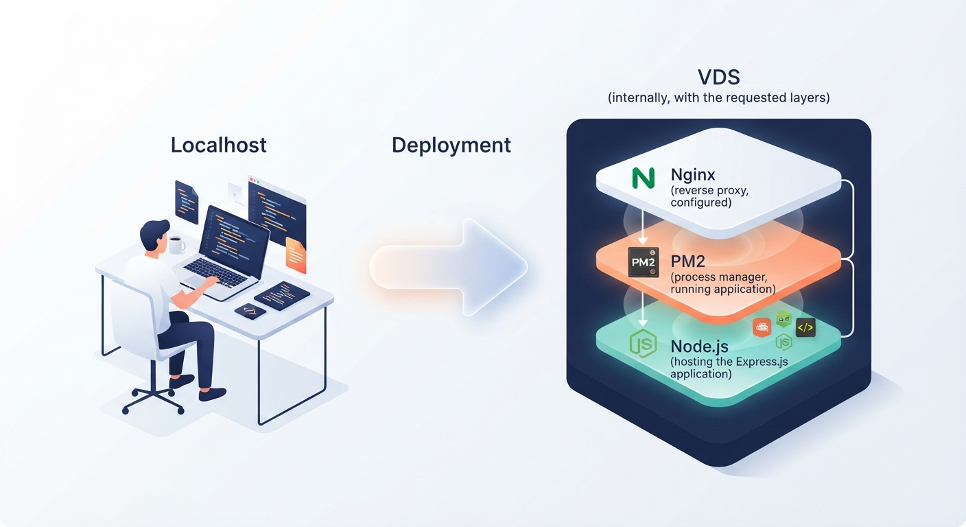 Express.js projelerini yayınlama sürecini gösteren bir infografik. Sol tarafta geliştirici bilgisayarı (localhost), ortada bir ok ile sunucuya geçiş, sağ tarafta VDS üzerinde çalışan Node.js, PM2 ve Nginx katmanları. Renk paleti lacivert ve turuncu, modern düz tasarım, teknik diyagram stili.