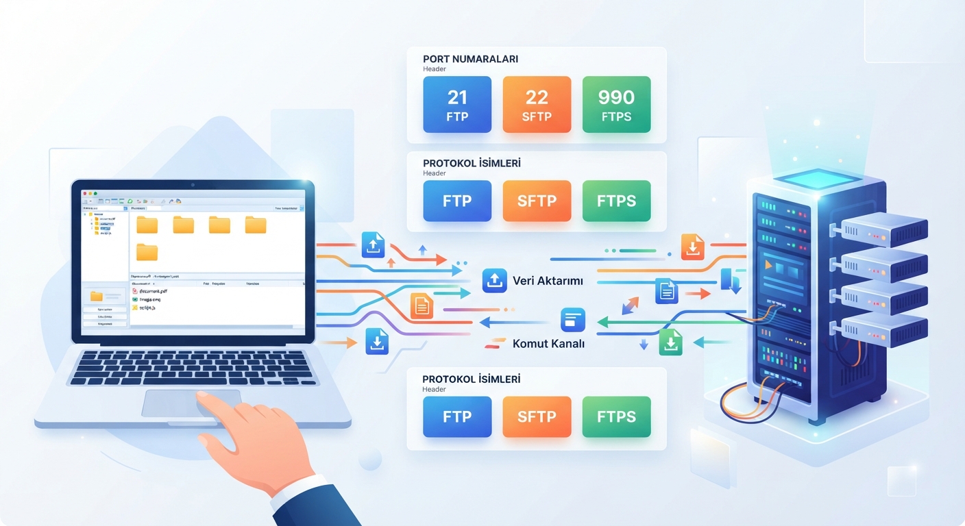FTP protokolünün çalışma mantığını gösteren renkli bir infografik. Sol tarafta bir dizüstü bilgisayar üzerinde FileZilla istemcisi, ortada ok işaretleriyle veri akışı, sağ tarafta bir sunucu rafı. Arka planda port numaraları (21, 22, 990) ve protokol isimleri (FTP, SFTP, FTPS) kutucuklar halinde vurgulanıyor. Renkler mavi, turuncu ve yeşil tonlarında, modern düz tasarım.