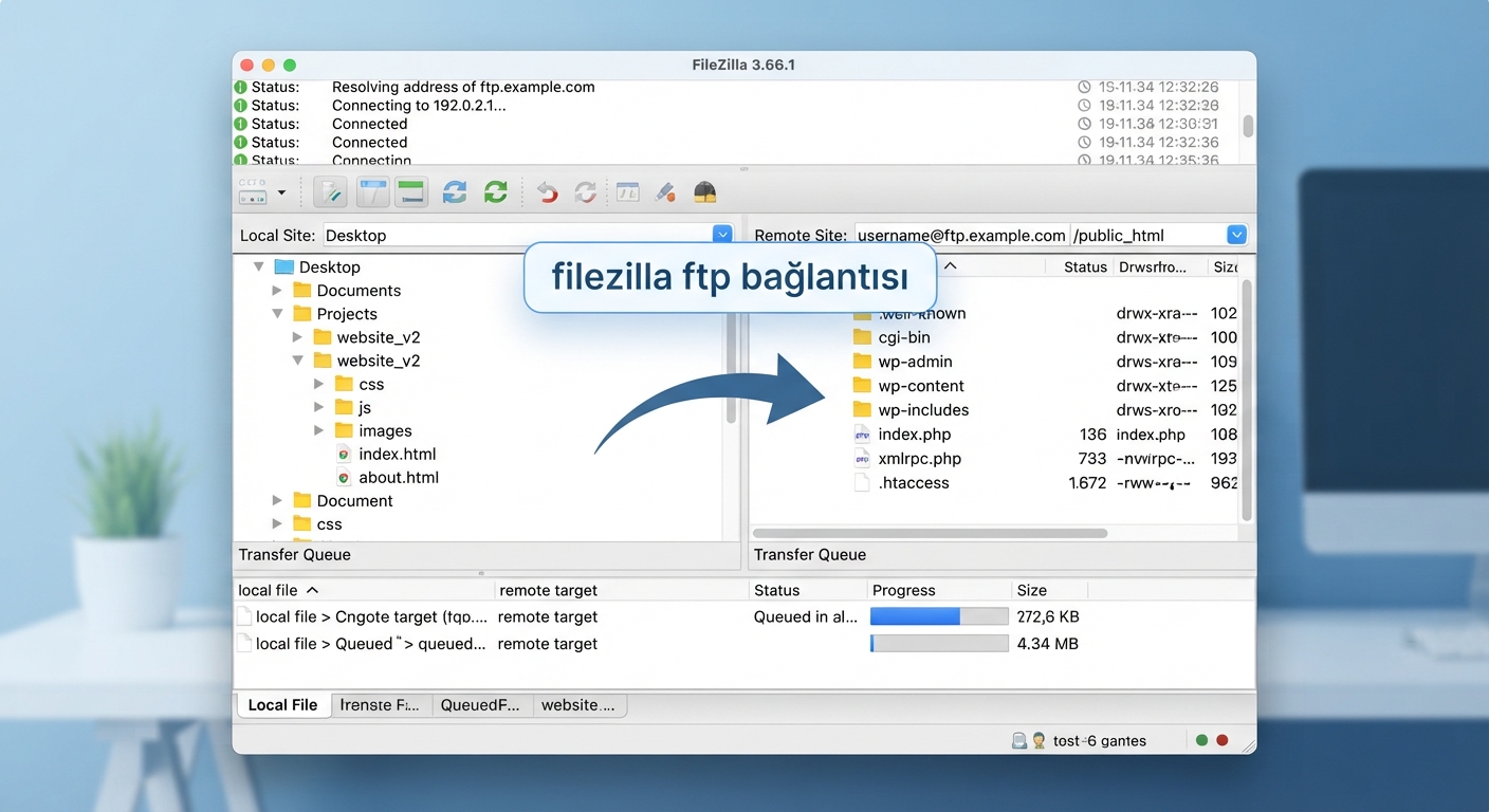 FileZilla FTP istemcisinin ana arayüzünü gösteren detaylı bir ekran görüntüsü. Sol tarafta yerel dosya gezgini, sağ tarafta uzak sunucu dizinleri (public_html) görünüyor. Üstte bağlantı durumu logları, altta transfer kuyruğu var. Renk paleti mavi ve beyaz ağırlıklı, modern bir masaüstü uygulaması. Ekranın ortasında "filezilla ftp bağlantısı" yazısı bir ok ile vurgulanmış.