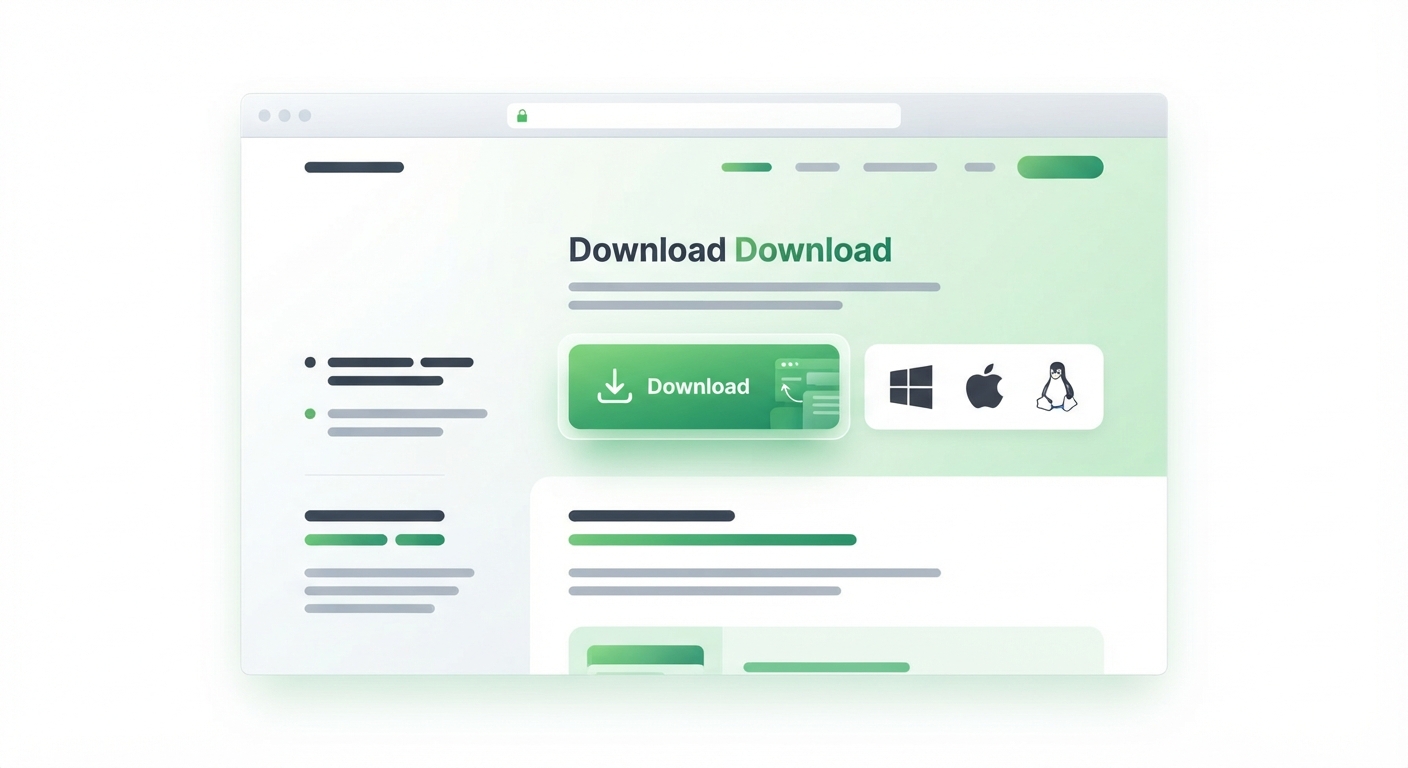 FileZilla'nın resmi web sitesindeki indirme sayfasını gösteren bir ekran alıntısı. Sayfada büyük yeşil "Download FileZilla Client" butonu belirgin şekilde vurgulanmış. Yan tarafta Windows, macOS ve Linux simgeleri var. Arka plan beyaz, yazılar koyu gri ve yeşil tonlarda. Görsel, kullanıcıya güvenli indirme kaynağını işaret ediyor.