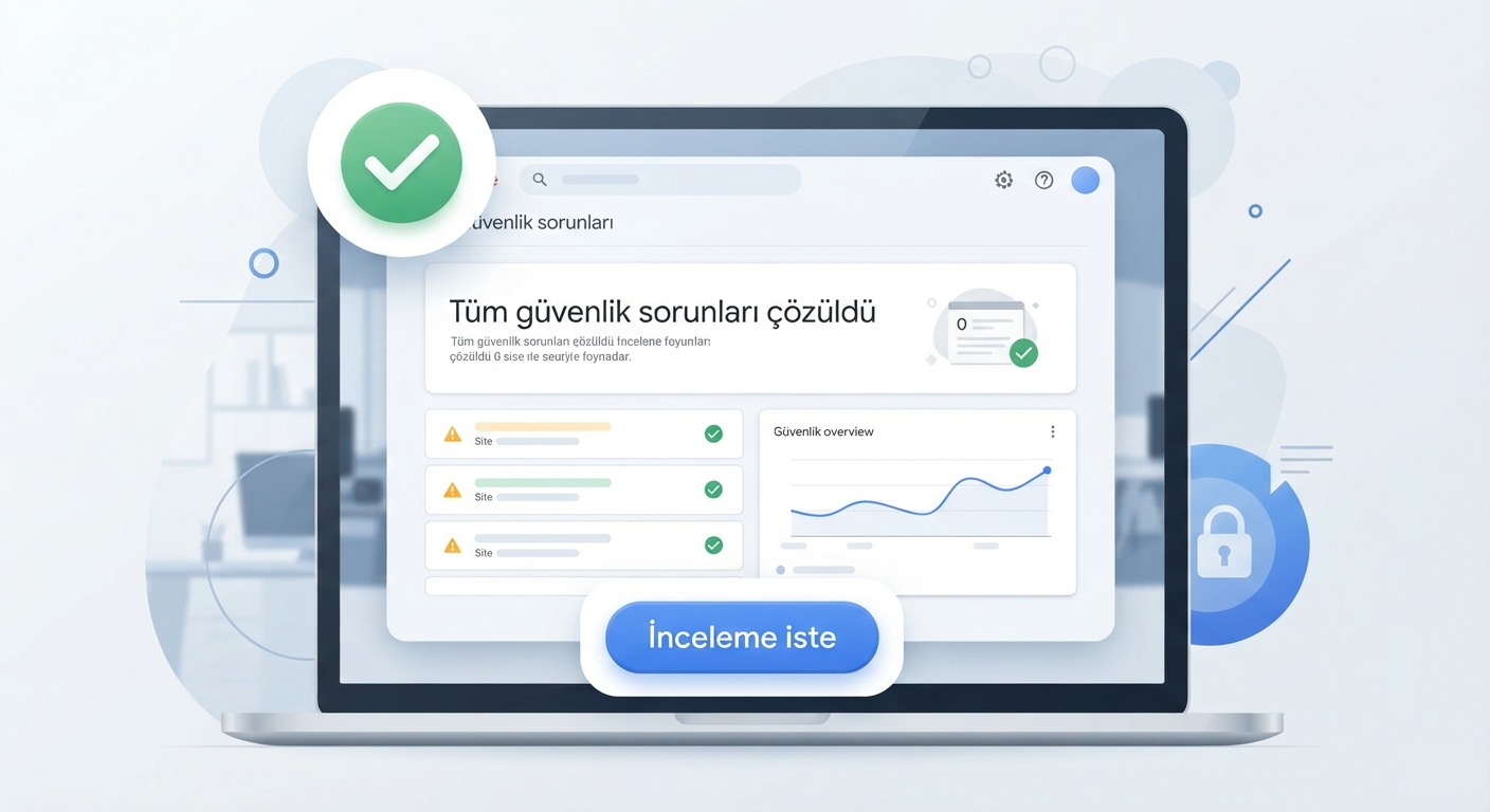 Google Search Console "Güvenlik sorunları" paneli. Sayfanın üst kısmında yeşil renkli bir onay işareti ve "Tüm güvenlik sorunları çözüldü" yazıyor. Altta "İnceleme iste" butonu mavi renkle vurgulanmış.