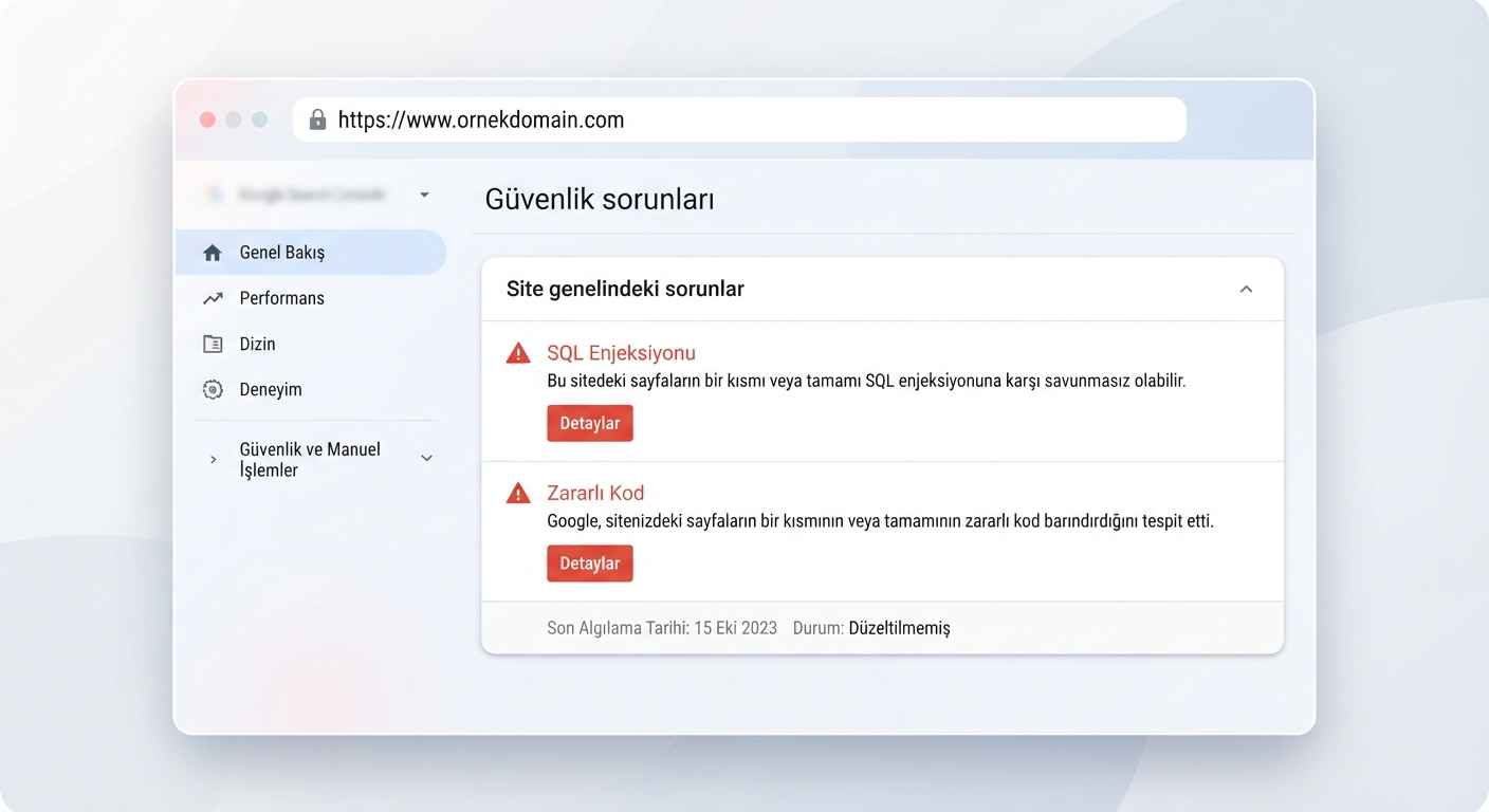 Google Search Console ekran görüntüsü, "Güvenlik sorunları" sekmesi altında kırmızı renkle vurgulanmış "SQL Enjeksiyonu" ve "Zararlı Kod" uyarıları görünüyor. Türkçe dilinde arayüz. URL çubuğunda örnek bir domain adresi var.