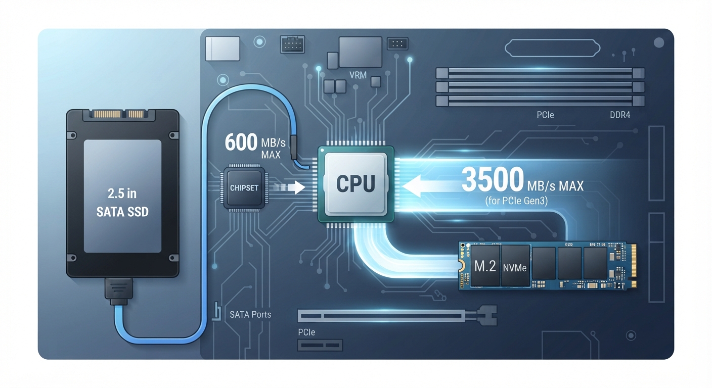 İki farklı depolama sürücüsünün yan yana karşılaştırmalı teknik illüstrasyonu. Solda bir SATA SSD, sağda bir NVMe M.2 SSD. SATA SSD'den anakarta giden kablonun SATA portu üzerinden dolambaçlı bir yolla CPU'ya ulaştığını gösteren bir diyagram. NVMe SSD'den ise PCIe hattı üzerinden CPU'ya doğrudan, geniş ve hızlı bir veri yolu gösterilsin. Görselde okuma/yazma hızları MB/s cinsinden yazılı olsun.