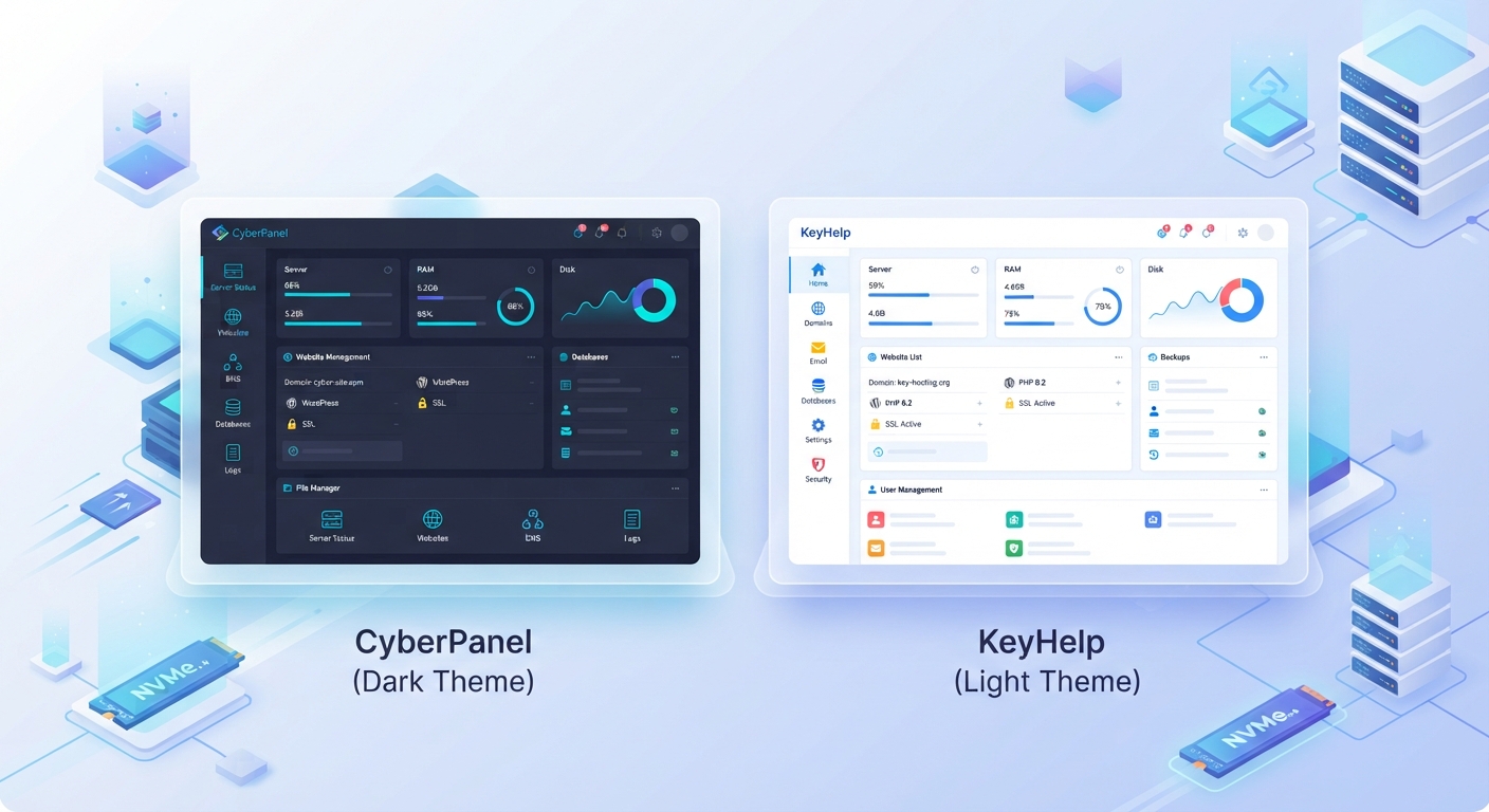 İki farklı sunucu paneli olan CyberPanel ve KeyHelp'in arayüzlerini yan yana gösteren modern bir karşılaştırma görseli. Ekranın sol tarafında koyu temalı CyberPanel, sağ tarafında ise açık ve modern KeyHelp paneli olsun. Arka planda sunucu performansını simgeleyen hız çizgileri ve NVMe disk simgeleri bulunsun.