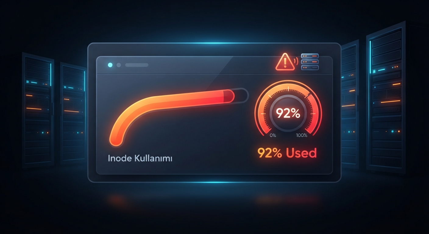 Modern bir hosting kontrol panelinde inode kullanım göstergesi. İlerleme çubuğu turuncudan kırmızıya geçiş yapmış, ' Kullanıldı' uyarısı yanıyor. Arka planda sunucu rafları silüeti. Karanlık tema, neon mavi ve turuncu vurgular. Profesyonel teknik illüstrasyon tarzı.