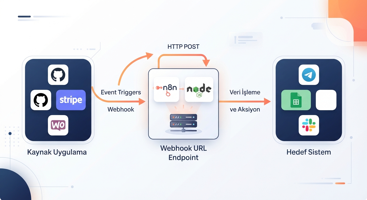 Modern bir webhook çalışma mimarisi infografik. Sol tarafta "Kaynak Uygulama" (GitHub, Stripe, WooCommerce ikonları), ortada "Webhook URL Endpoint" (n8n logosu ile Node.js sunucu), sağ tarafta "Hedef Sistem" (Telegram, Google Sheets, Slack ikonları). Akış okları ile veri transferi gösteriliyor. Renk paleti lacivert, turuncu ve beyaz. Düz tasarım, temiz çizgiler, modern UI/UX stili. Üstte büyük başlık: "Webhook Nasıl Çalışır?"