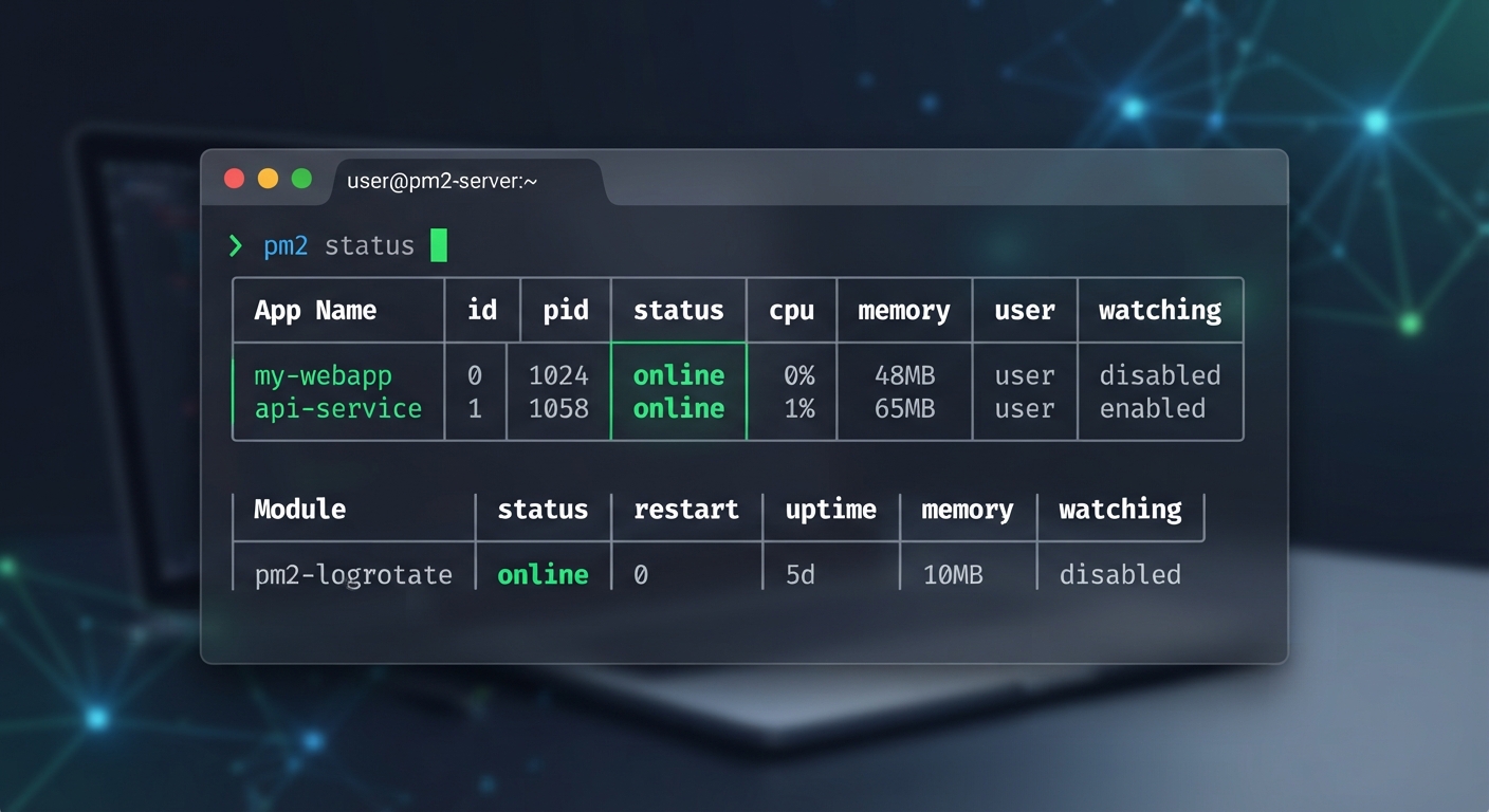 PM2 ile Node.js süreç yönetimini gösteren bir ekran görüntüsü. Terminalde "pm2 status" komutunun çıktısı, yeşil renkli "online" durumu, tablo formatında süreç listesi. Modern terminal teması, koyu arka plan, yeşil ve mavi vurgular.