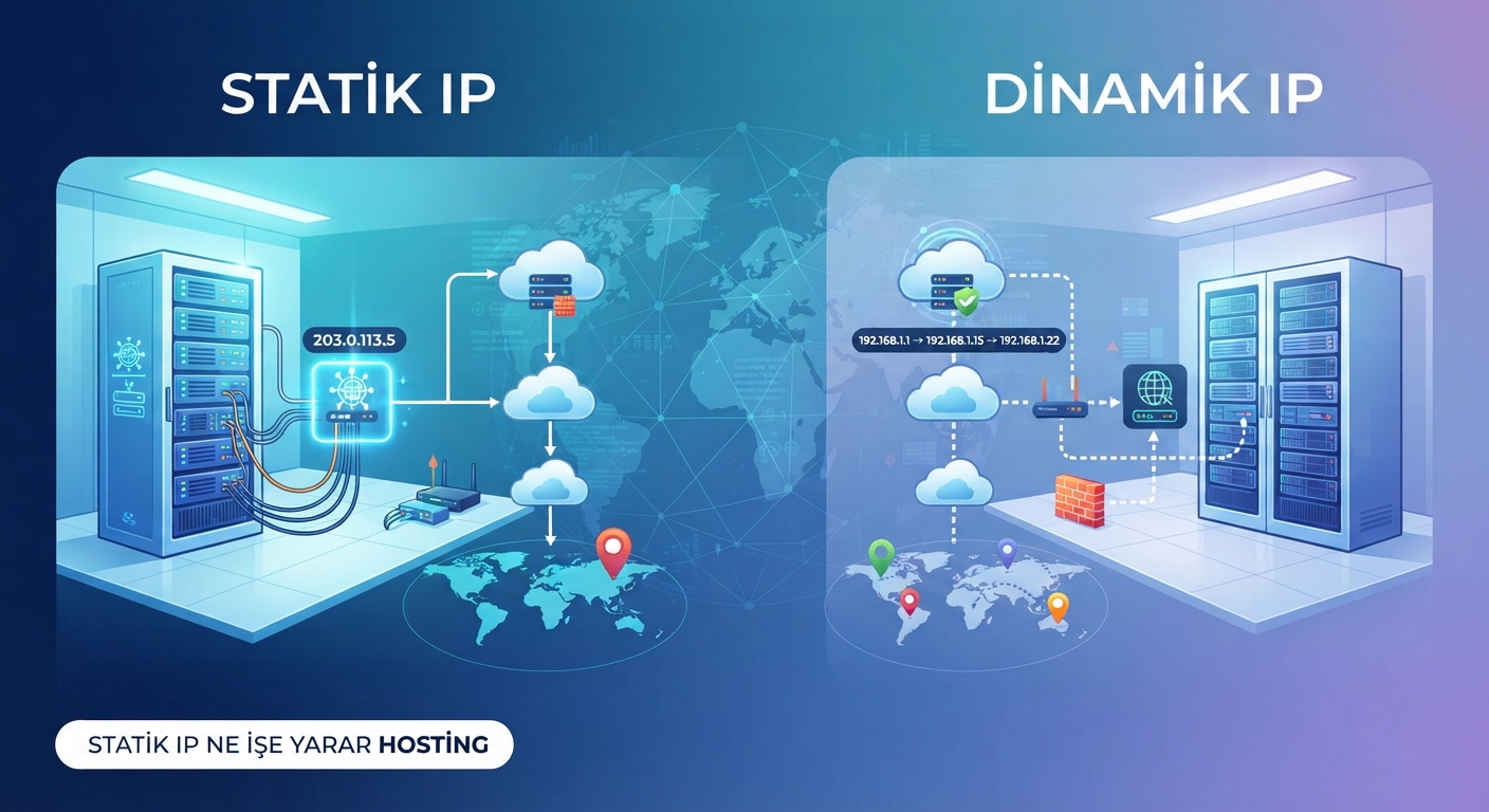Statik IP ile dinamik IP arasındaki farkı, bir sunucu rafı, bulut bilişim simgeleri ve küresel ağ bağlantı şeması ile gösteren profesyonel bir hosting altyapı görseli. Görselde anahtar kelime "statik ip ne işe yarar hosting" yazısı yer alsın.